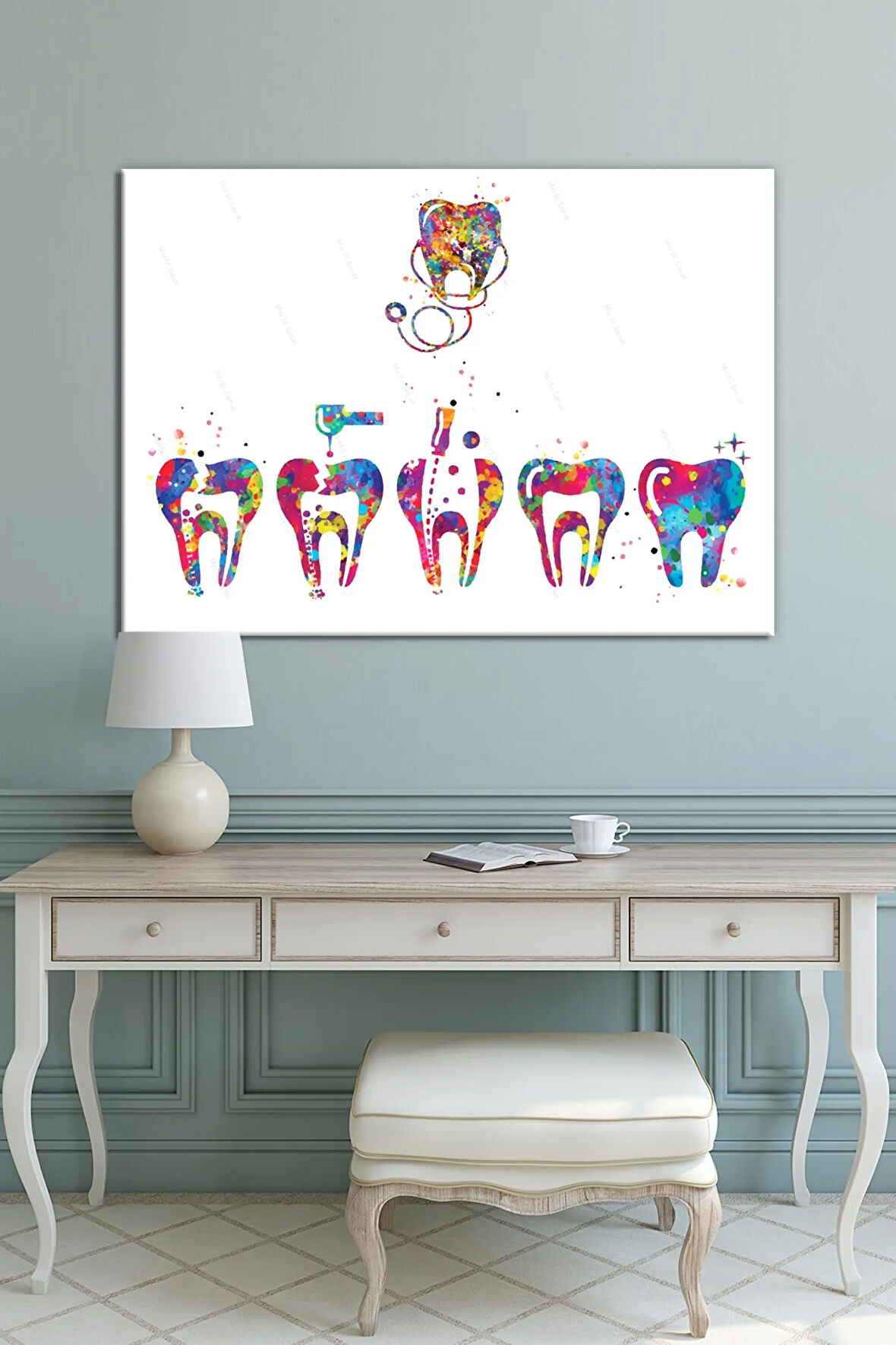 Diş Doktorlarına Hastanelere Özel Suluboya Efektli Dekoratif Kanvas Tablo