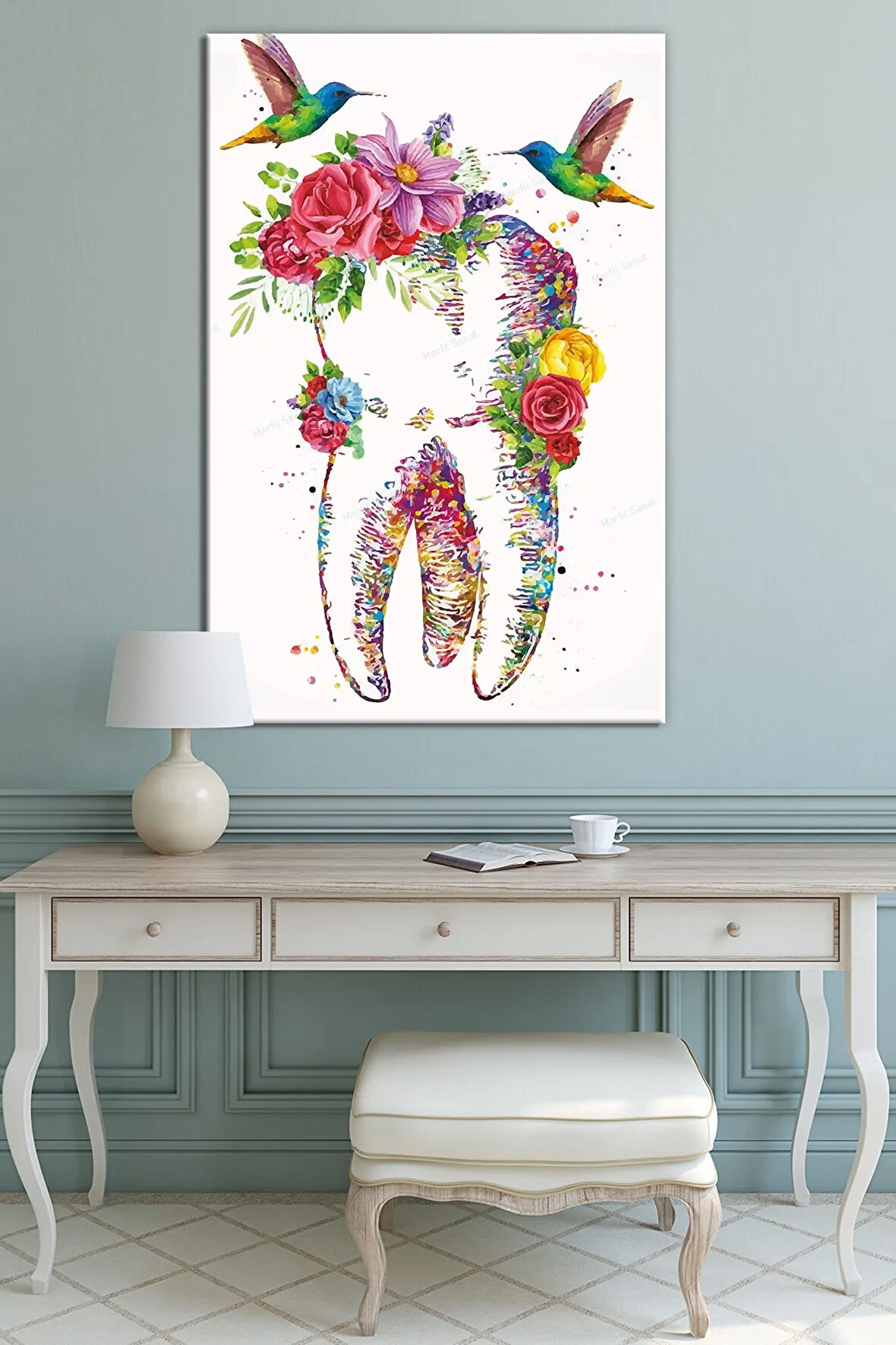 Doktorlara Hastanelere Özel Suluboya Efektli Diş Ve Çiçekler Kanvas Tablo (8 Farklı Ölçü)