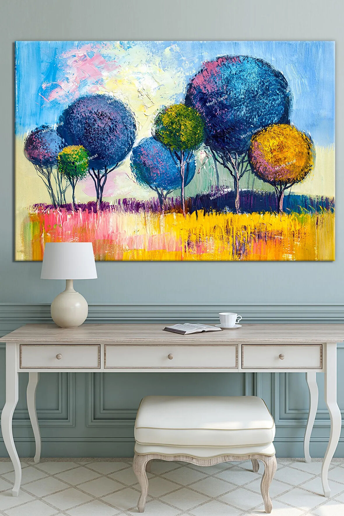 Renkli Ağaçlar Yağlıboya Görünümlü Yeni Yıl New Year Yılbaşı Dekoratif Kanvas Tablo