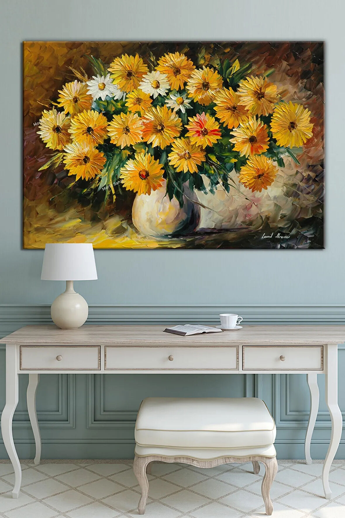 Papatyalar Natürmort Yağlı Boya Efektli Sanatsal Kanvas Tablo