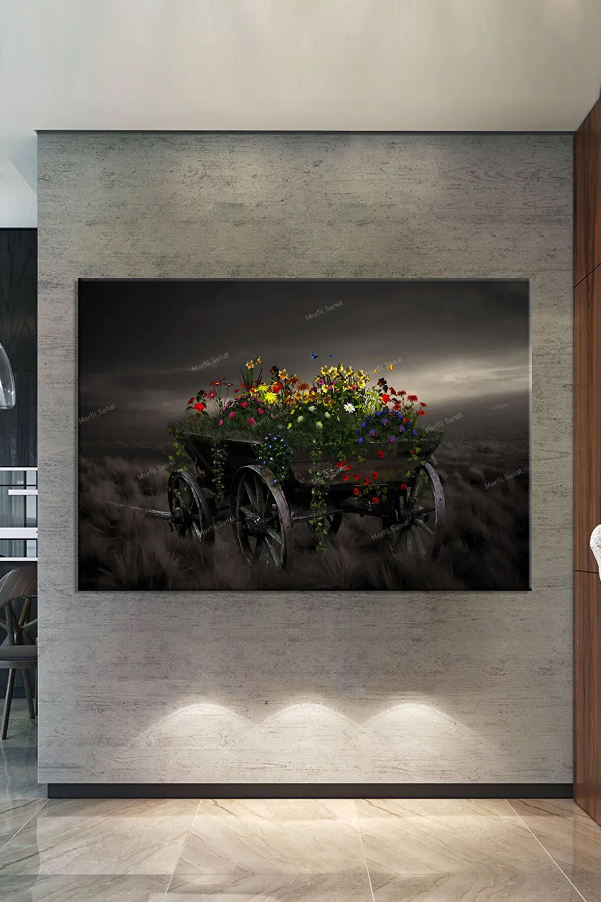 At Arabası Çiçekler Sanatsal Dekoratif Kanvas Tablo