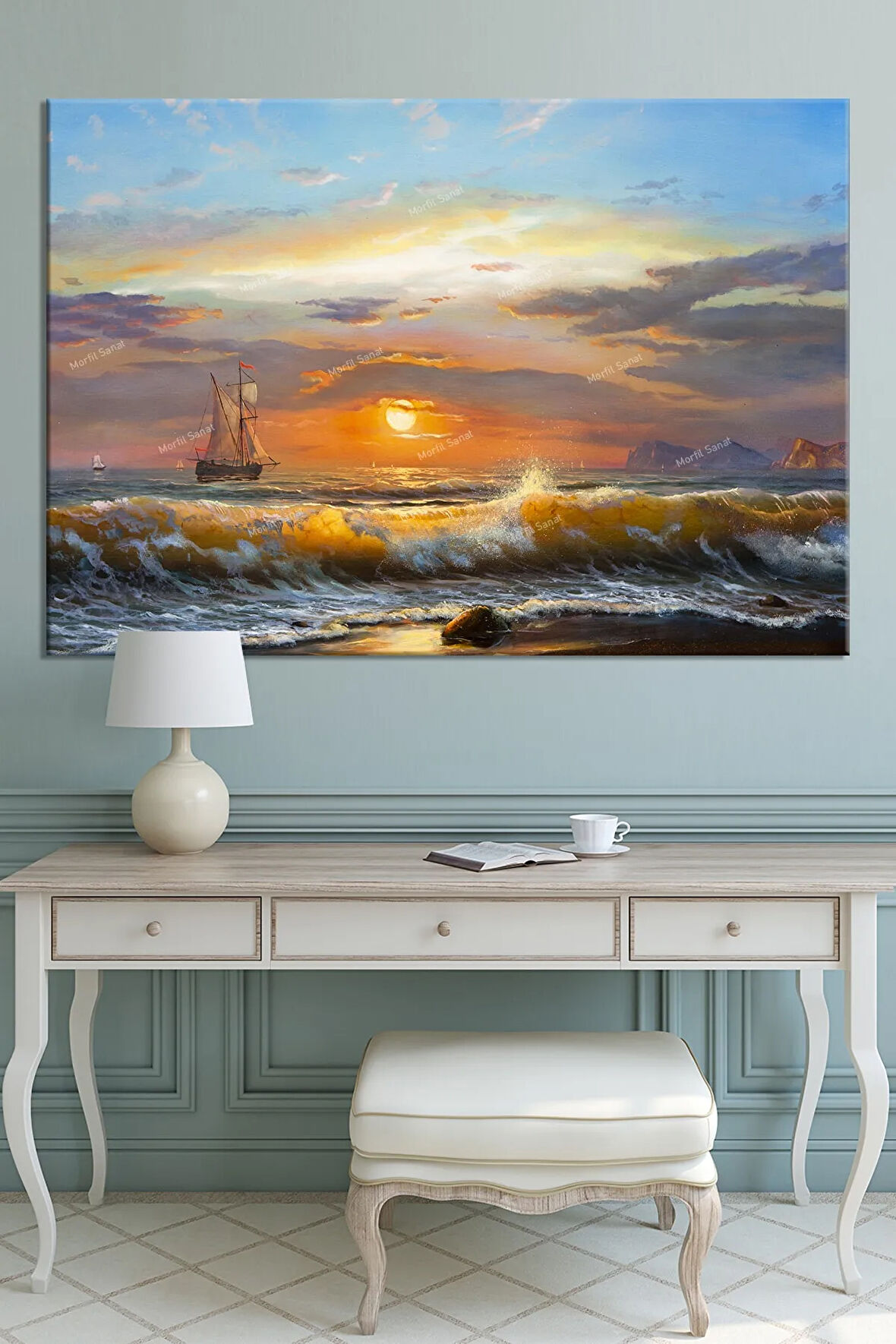 Gün Batımı Sahil Deniz Ve Yelkenli Tekne Kanvas Tablo
