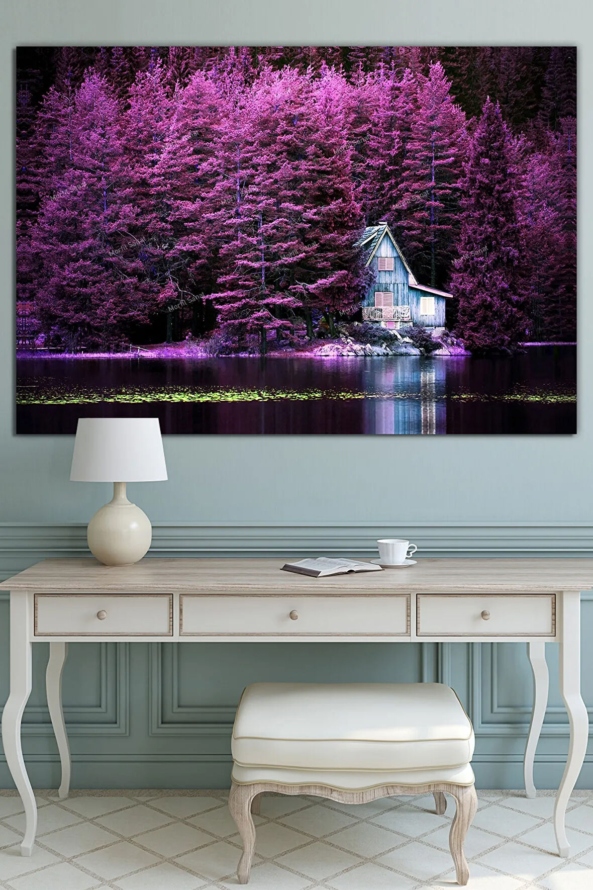 Mor Ağaşlar Ve Göl Evi Muhteşem Manzara Doğa Kanvas Tablo