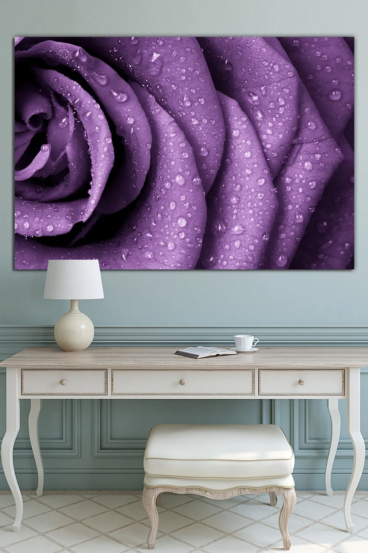 Kırmızı Gül Su Damlacığı Çiçek Dekoratif Kanvas Tablo