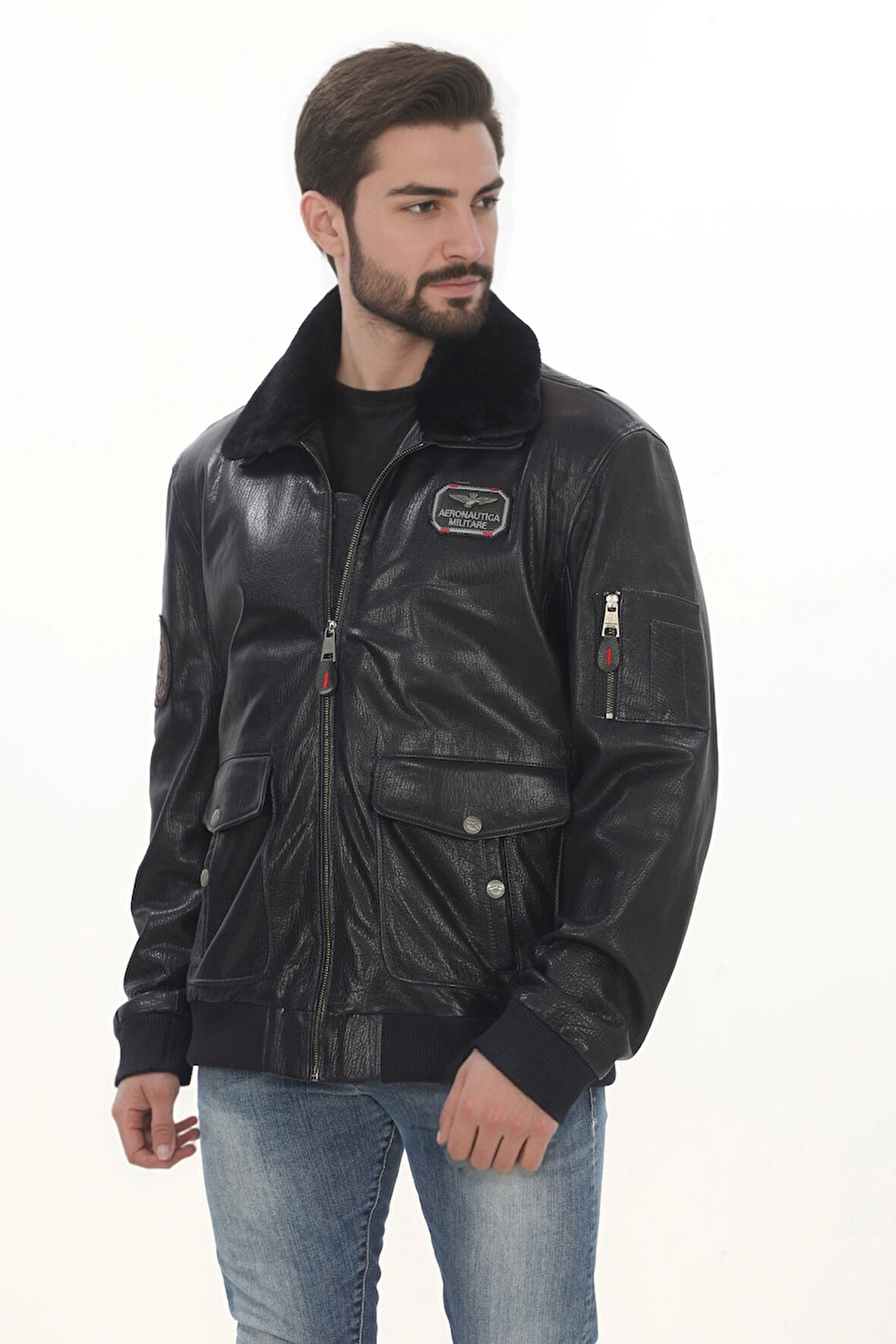 Erkek Kışlık Derimont Şık Tarz Erkek Bomber Ceket Siyah Hakiki Kuzu Derisi El Yapımı Pilot Mont