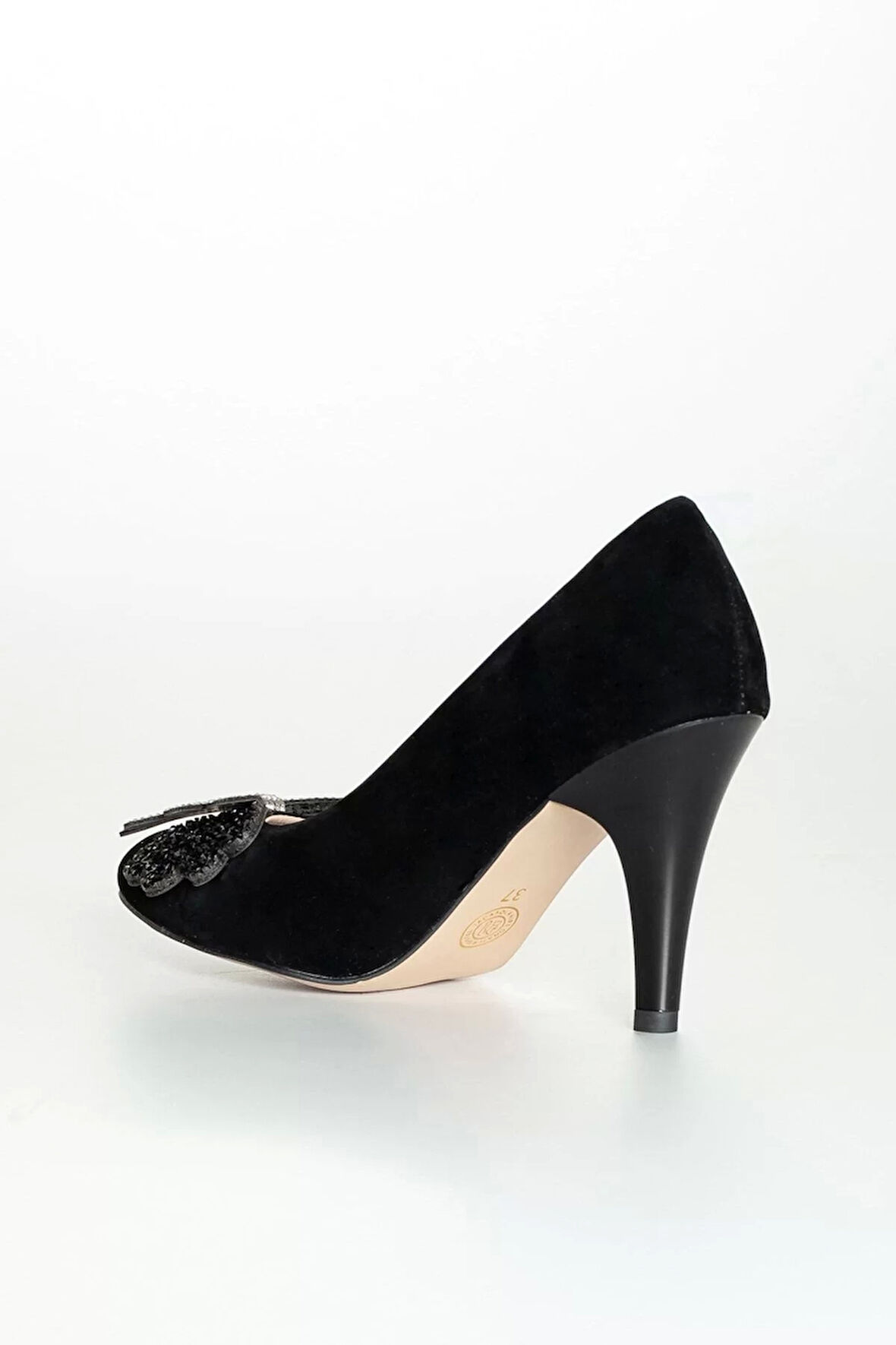 Kadın Moda Şık Siyah Süet Taşlı Topuklu Ayakkabı Zarif Tasarım Düğün Nişan Gece Abiye Ayakkabı