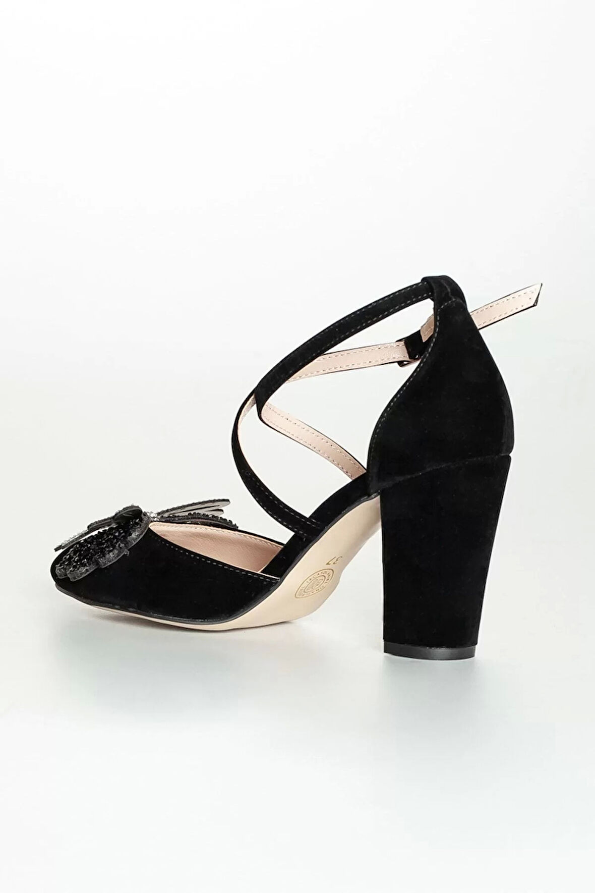 Kadın Moda Şık Siyah Süet Taşlı Topuklu Ayakkabı Zarif Tasarım Düğün Nişan Gece Abiye Ayakkabı