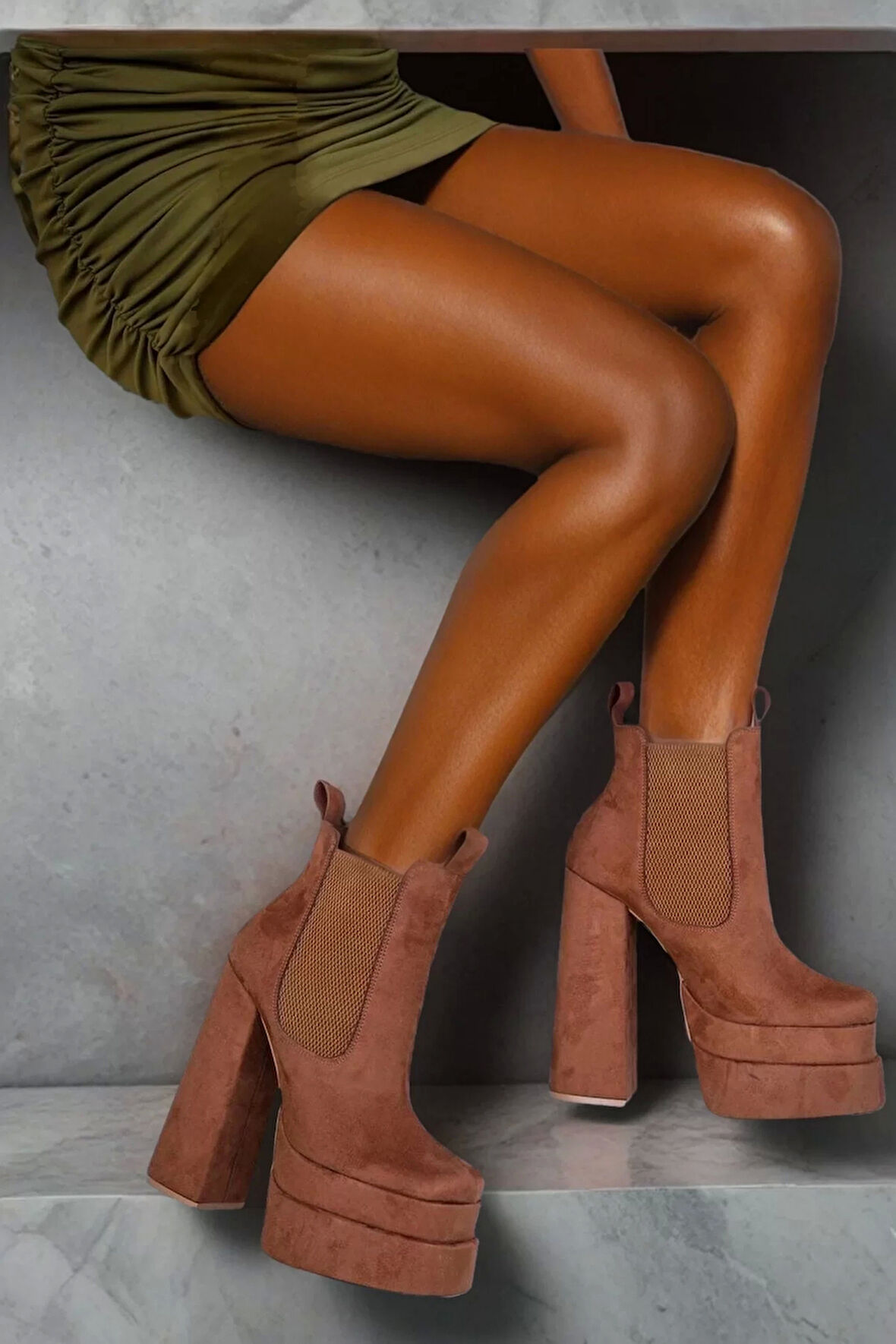 Kadın Elegant Ayakkabı Haki Tasarım Çift Platform Ayakkabı Özel Tasarım Abiye Ayakkabı