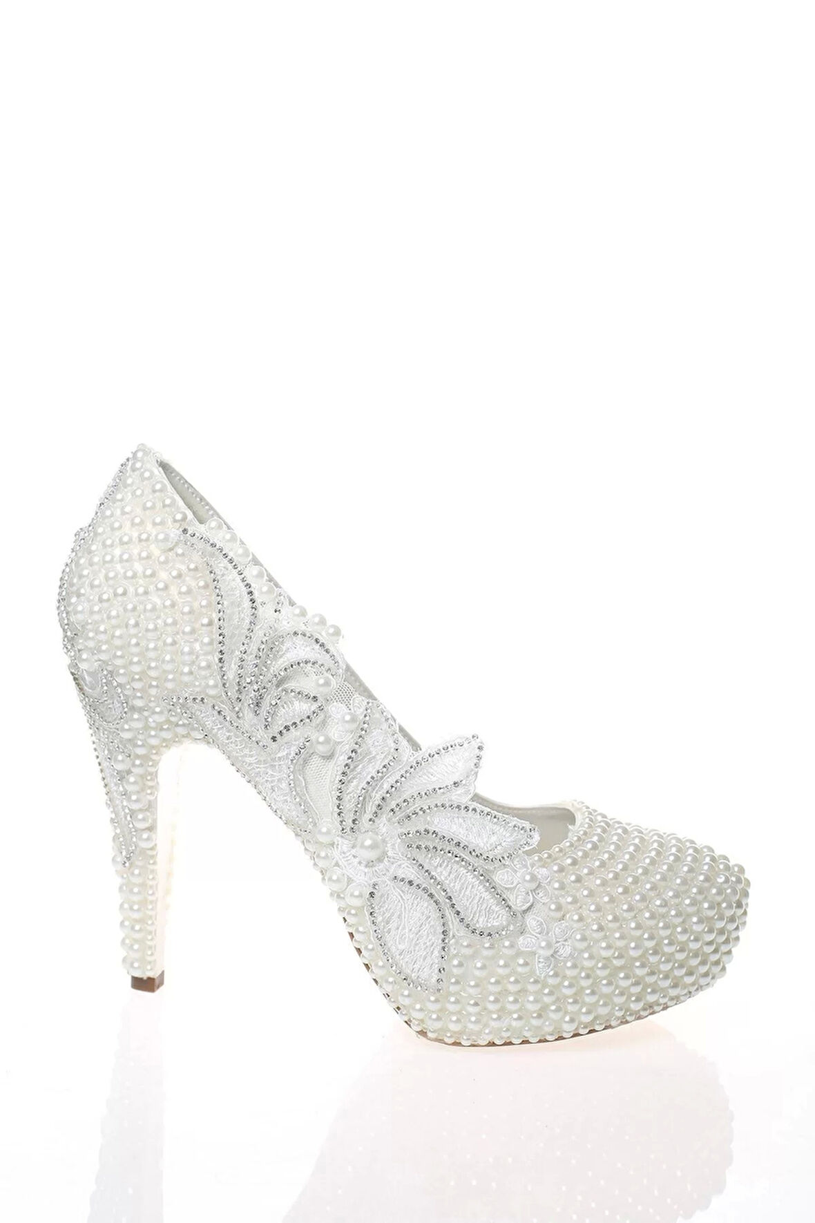 Kadın Moda Beyaz Sedef Inci Taş Işlemeli Gelin Ayakkabı Topuklu Düğün Nişan Gece Abiye Ayakkabı