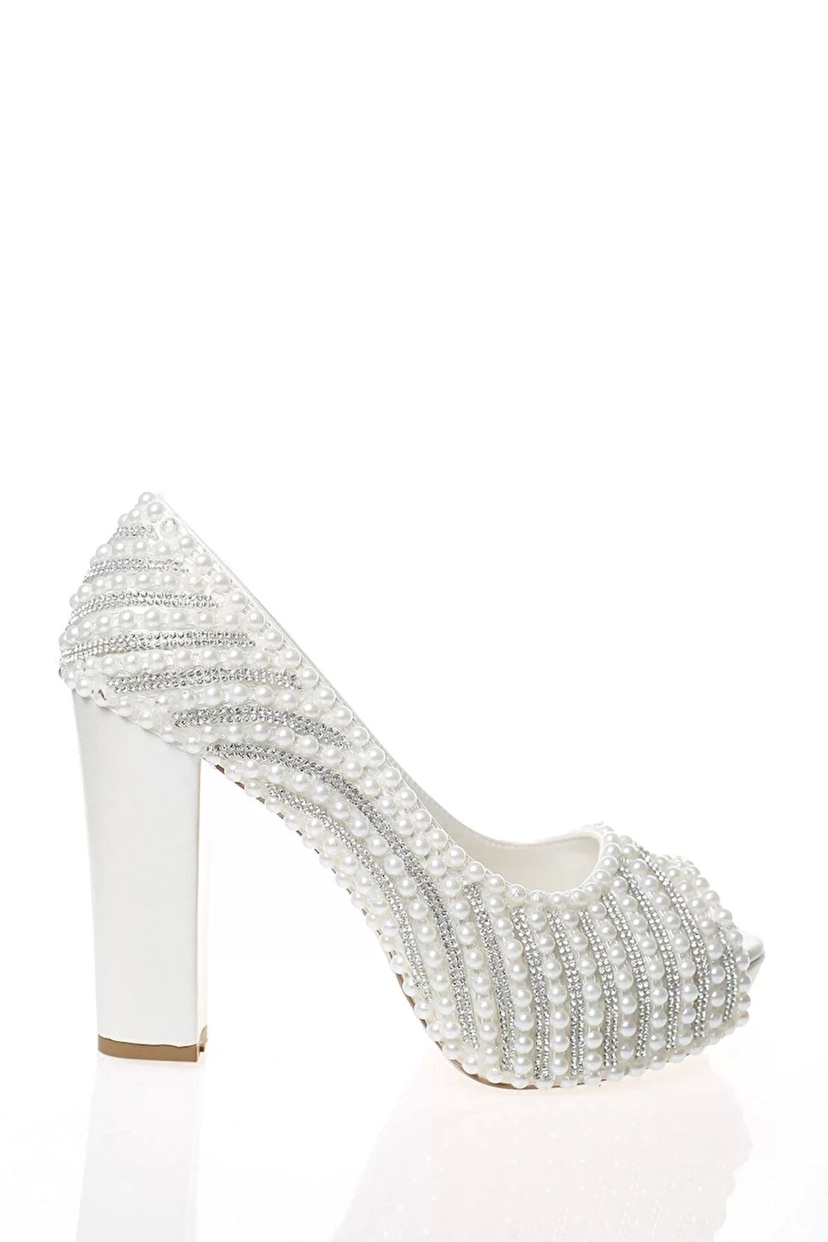 Kadın Moda Beyaz Sedef Inci Taş Işlemeli Gelin Ayakkabı Topuklu Düğün Nişan Gece Abiye Ayakkabı