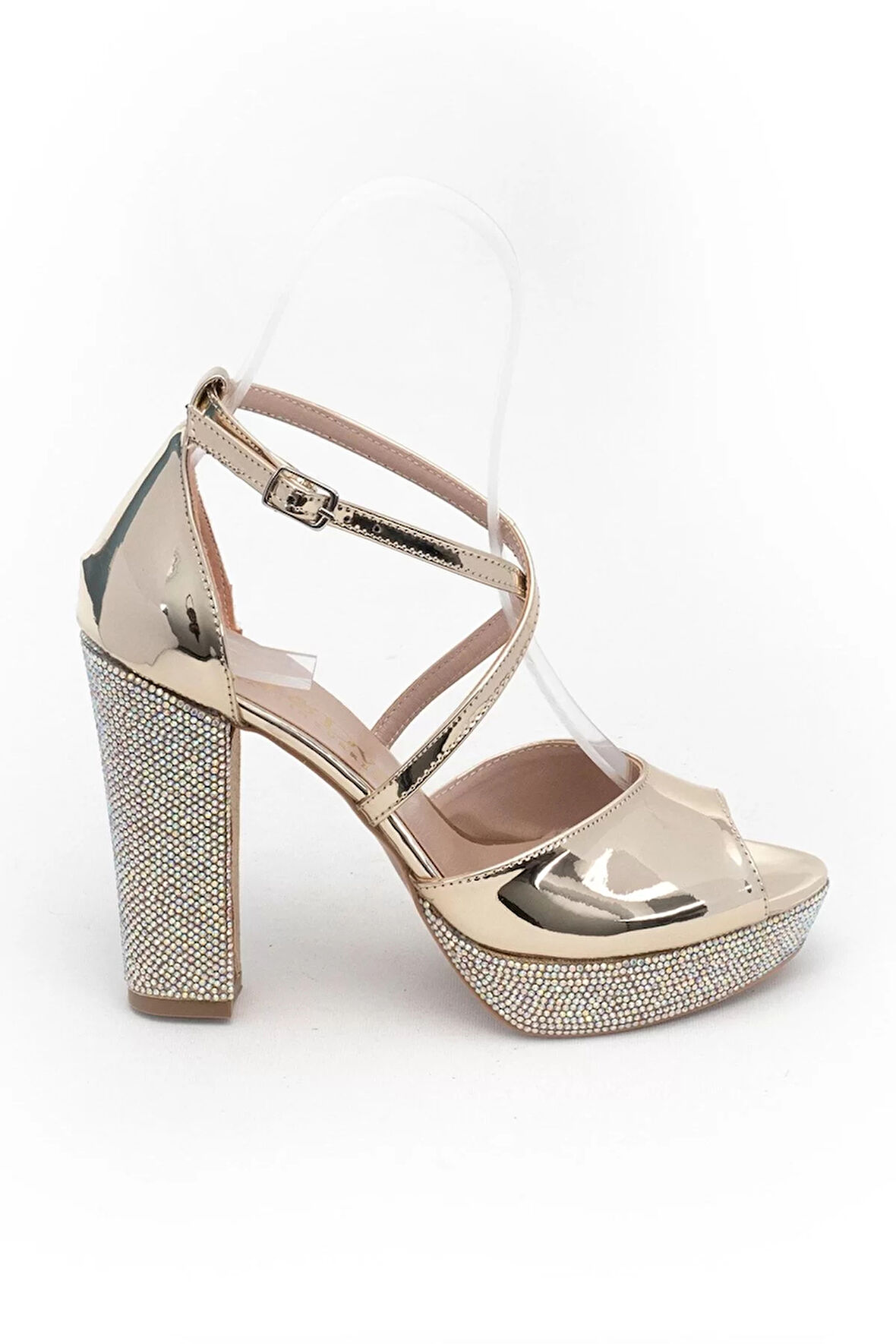 Kadın Moda Şık Gold Ayna Taşlı Topuklu Zarif Tasarım Düğün Nişan Gece Abiye Ayakkabı