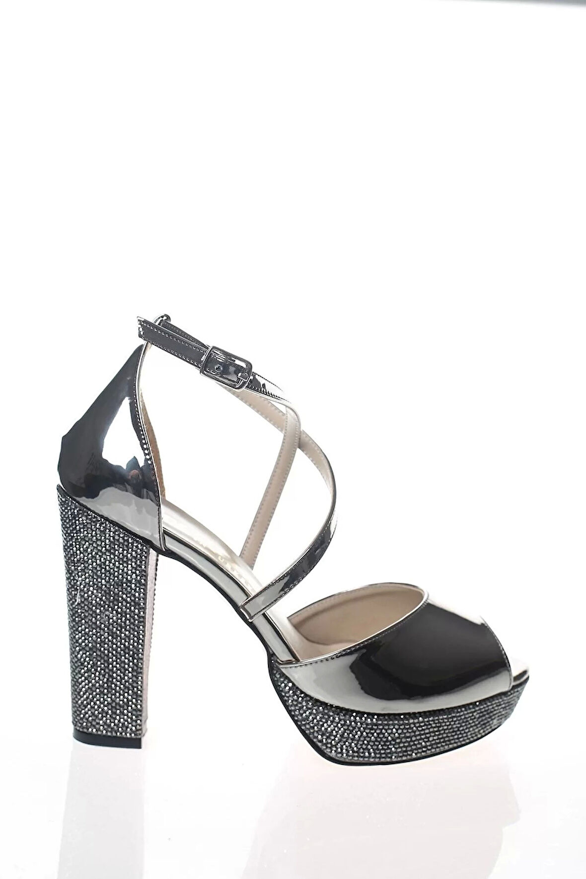 Kadın Moda Şık Gold Ayna Ökçe Poli Taş Topuklu Zarif Tasarım Düğün Nişan Gece Abiye Ayakkabı