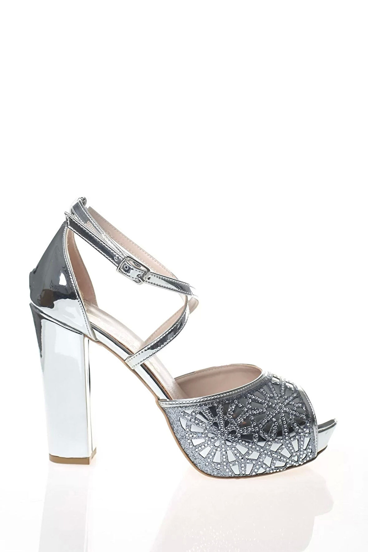 Kadın Moda Şık Gümüş Ayna Kristal Yüz Lazer Topuklu Düğün Nişan Gece Abiye Ayakkabı