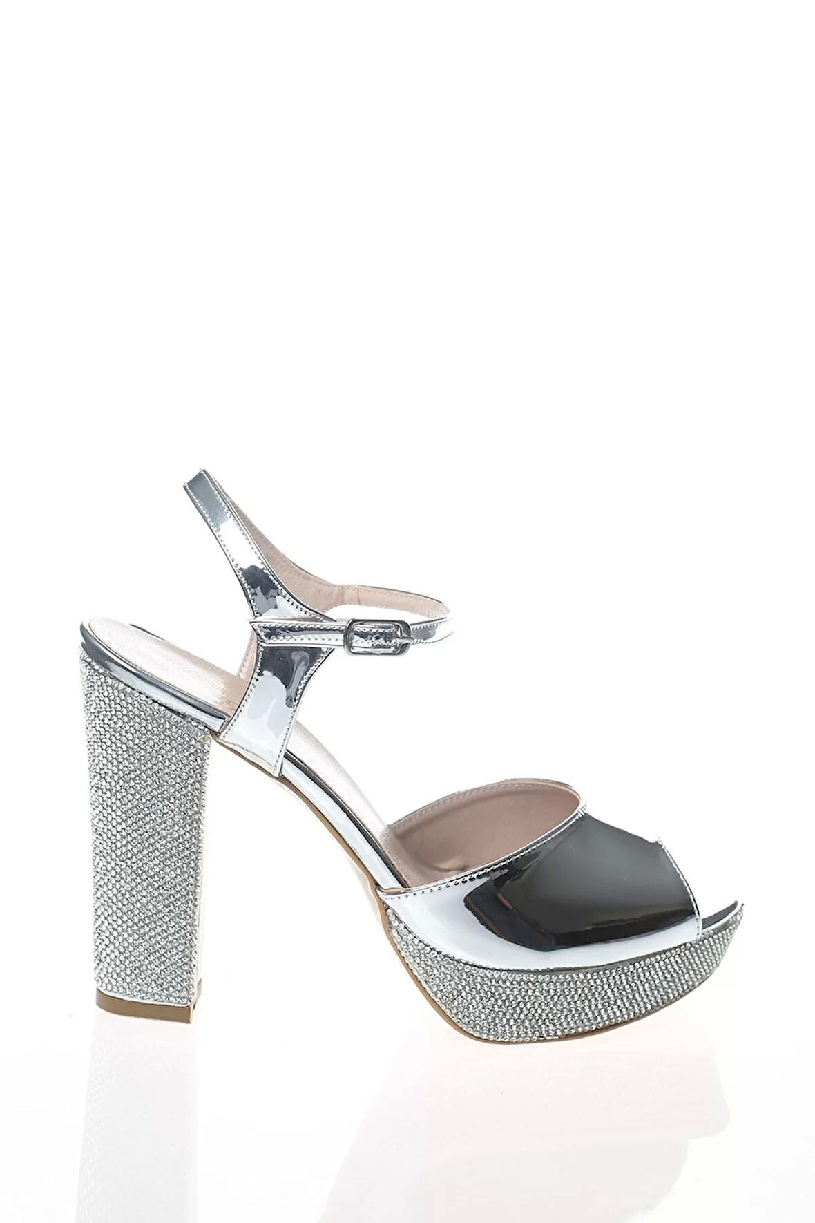 Kadın Moda Şık Gümüş Ayna Ökçe Poli Taş Topuklu Zarif Tasarım Düğün Nişan Gece Abiye Ayakkabı