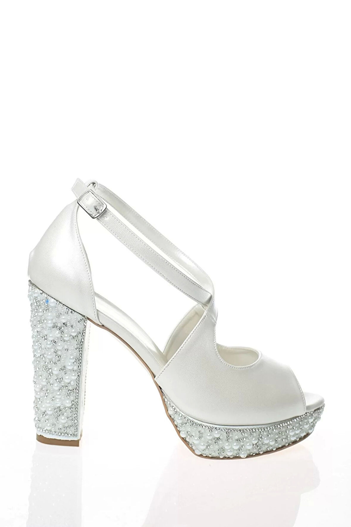 Kadın Moda Şık Sedef Cilt Ökçe Poli İnci Taş Topuklu Düğün Nişan Gece Abiye Ayakkabı