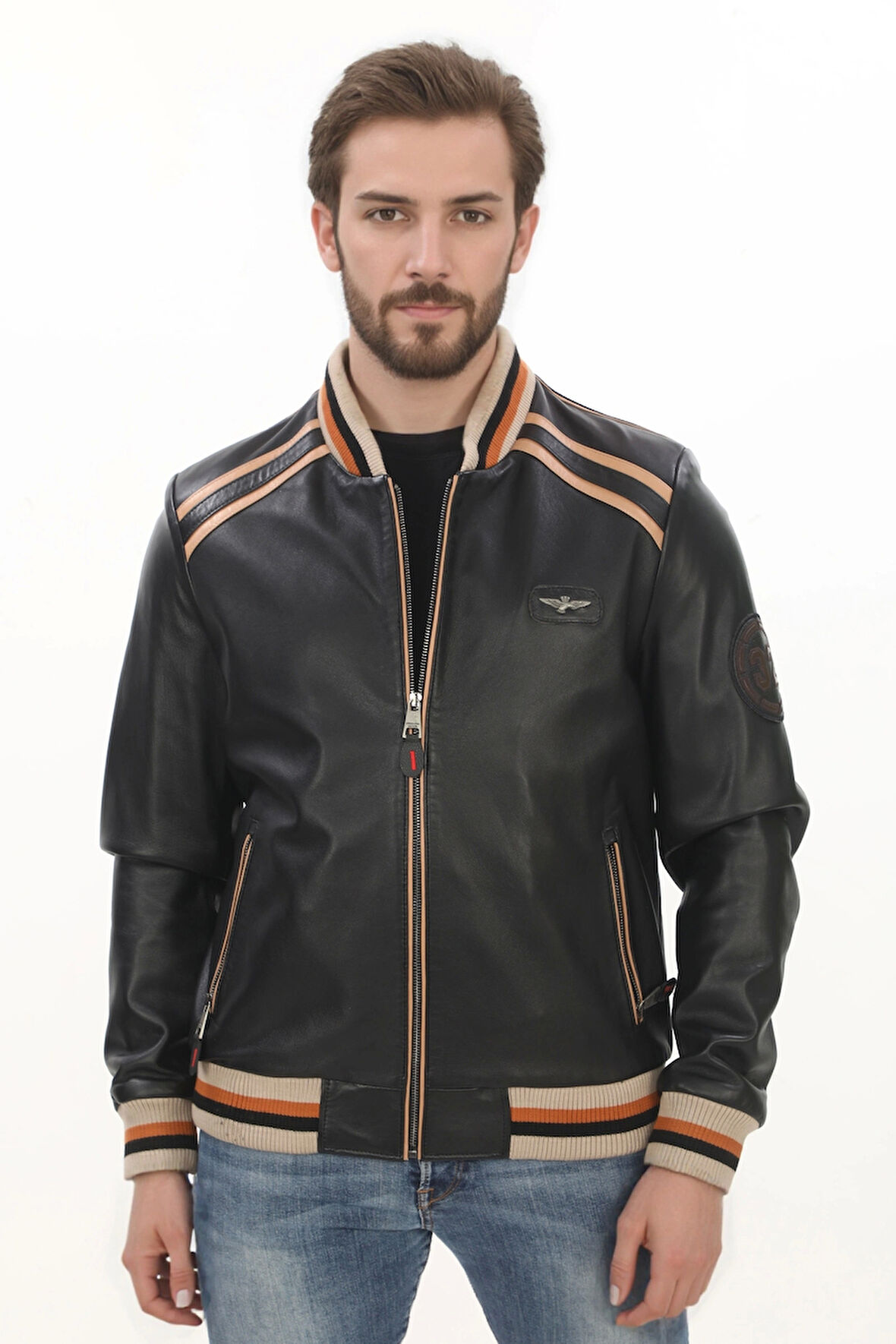 Erkek Spor ve Şıklık Bir Arada Derimont Varsity Hakiki Kuzu Derisi Bomber Ceket Erkek Mont