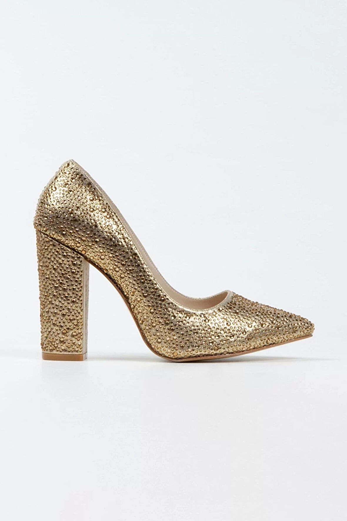 Kadın Moda Şık Gold Sultan Taşlı Klasik Sivri Kalın Düğün Nişan Gece Abiye Ayakkabı