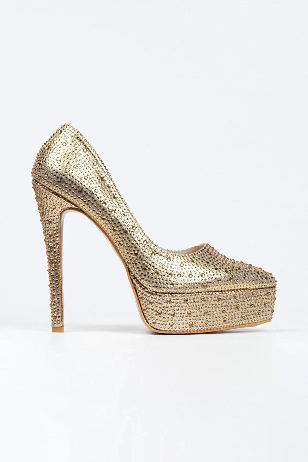 Kadın Moda Gold Sultan Taşlı Klasik Sivri Ince Topuklu Platformlu Düğün Nişan Gece Abiye Ayakkabı