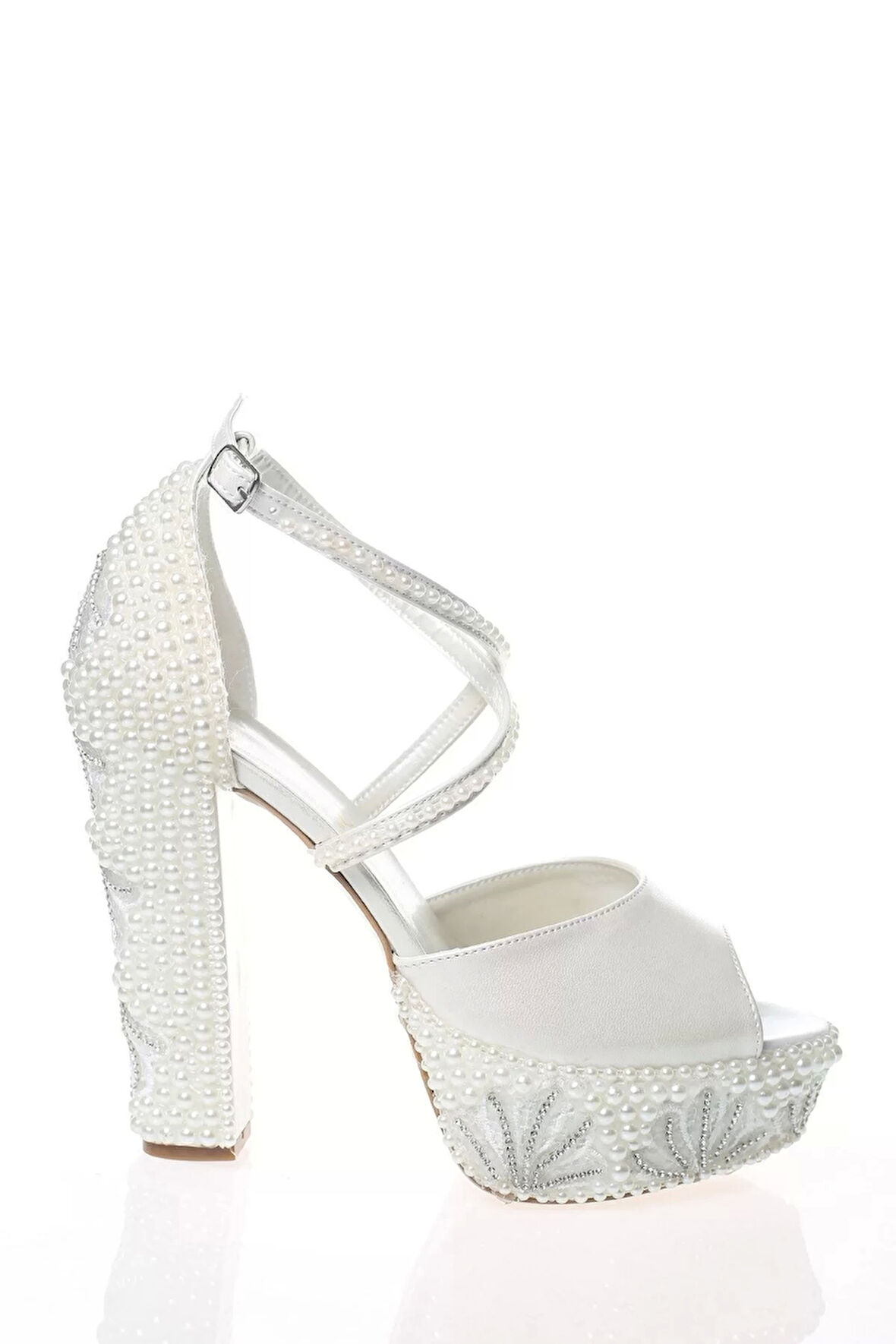 Kadın Moda Şık Sedef İnci Taş İşlemeli Gelin Ayakkabı Topuklu Düğün Nişan Gece Abiye Ayakkabı