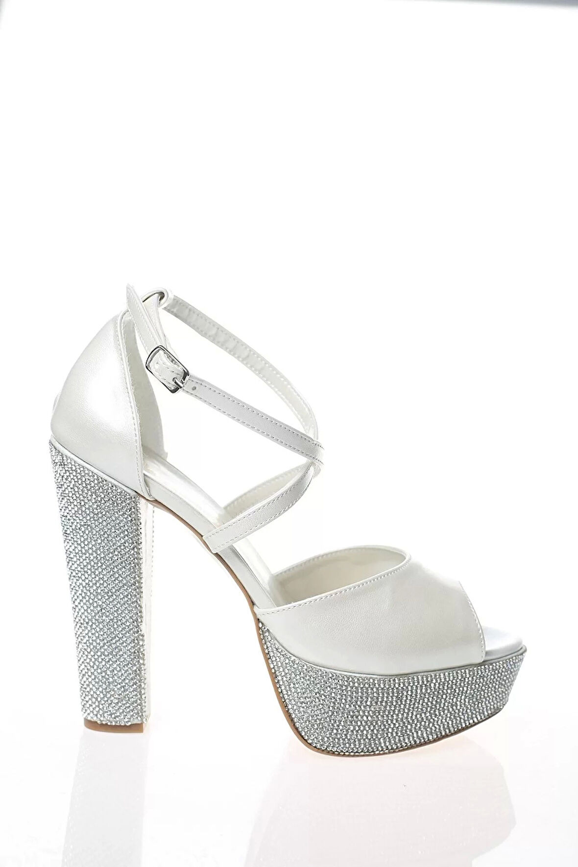 Kadın Moda Şık Gümüş Ayna Ökçe Poli Taş Topuklu Zarif Tasarım Düğün Nişan Gece Abiye Ayakkabı