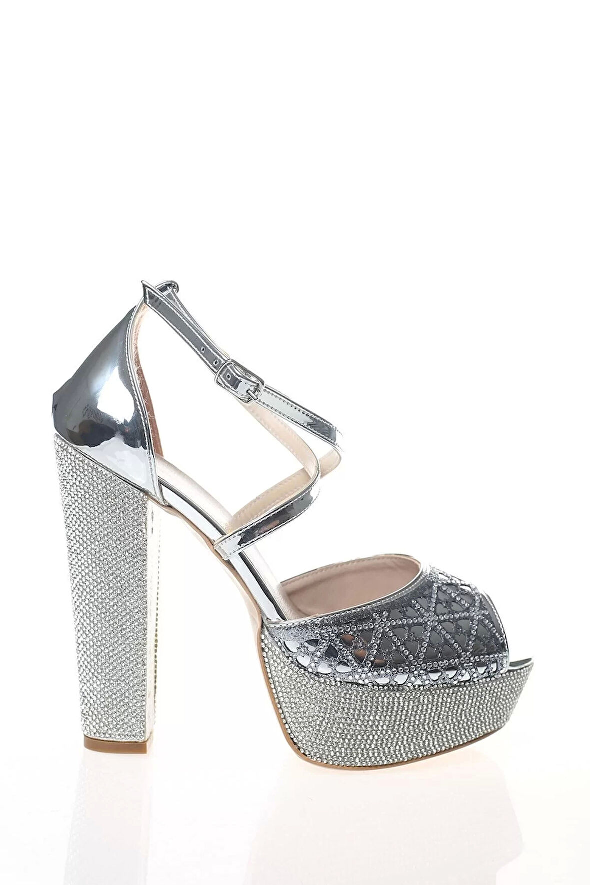 Kadın Moda Şık Gold Ayna Yüz Lazer Ökçe Poli Taş Topuklu Düğün Nişan Gece Abiye Ayakkabı