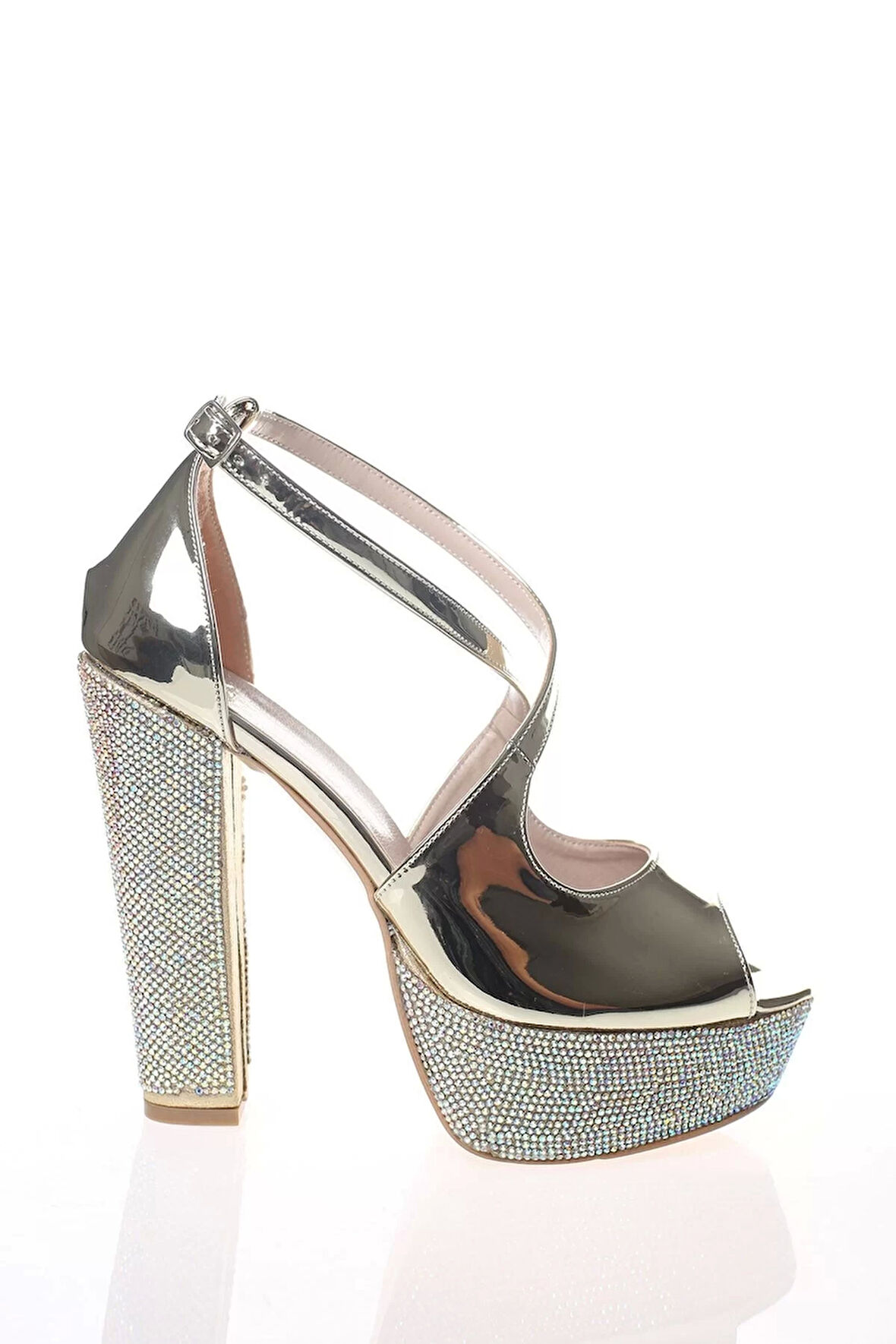 Kadın Moda Şık Gold Ayna Ökçe Poli Taş Topuklu Zarif Tasarım Düğün Nişan Gece Abiye Ayakkabı