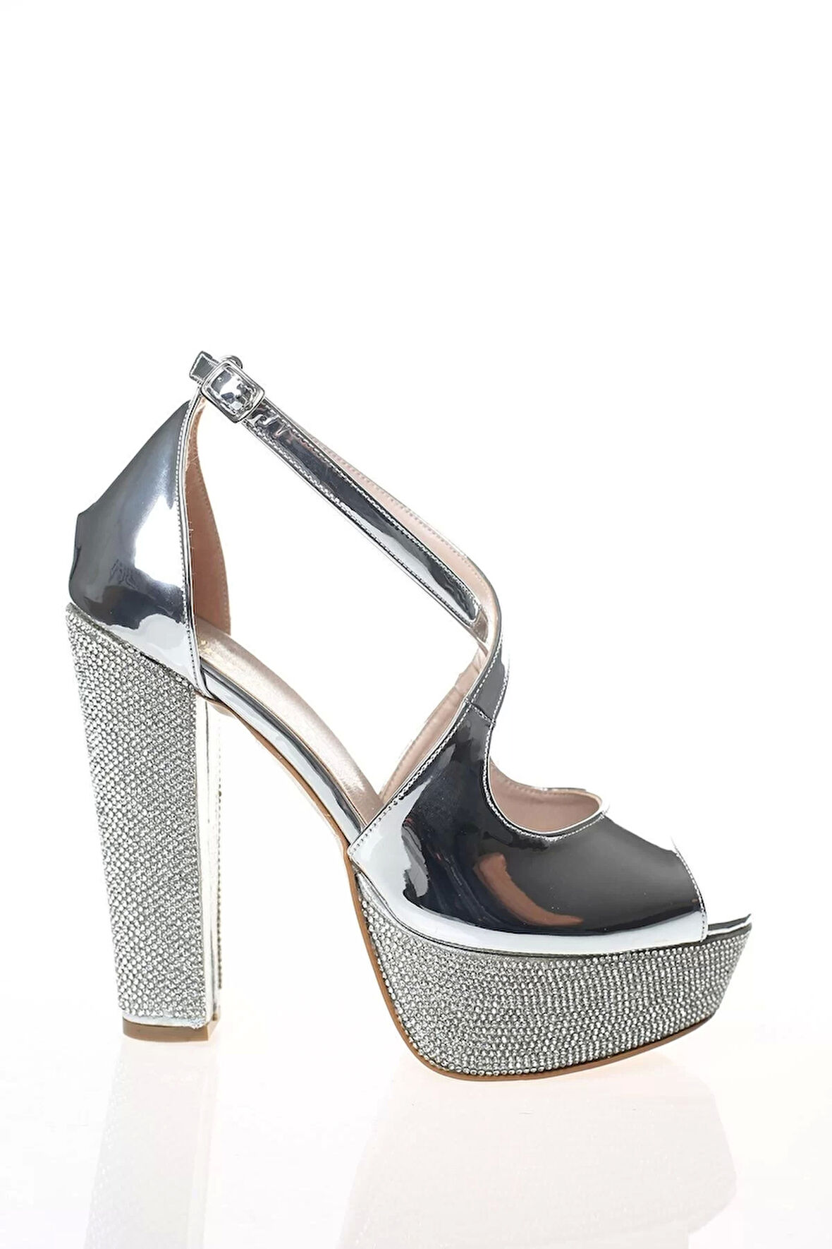 Kadın Moda Şık Gold Ayna Ökçe Poli Taş Topuklu Zarif Tasarım Düğün Nişan Gece Abiye Ayakkabı