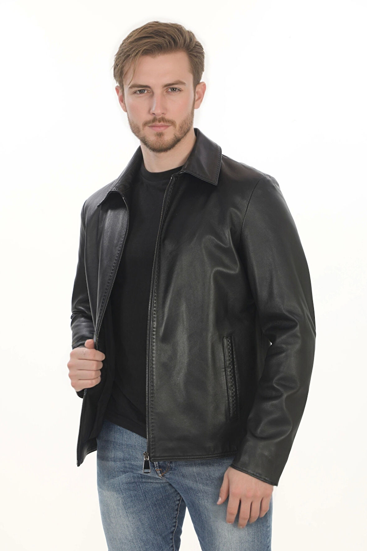 Erkek Modern Günlük Kullanım İçin Derimont Ceket Hakiki Kuzu Derisi Fermuarlı Şık Erkek Model