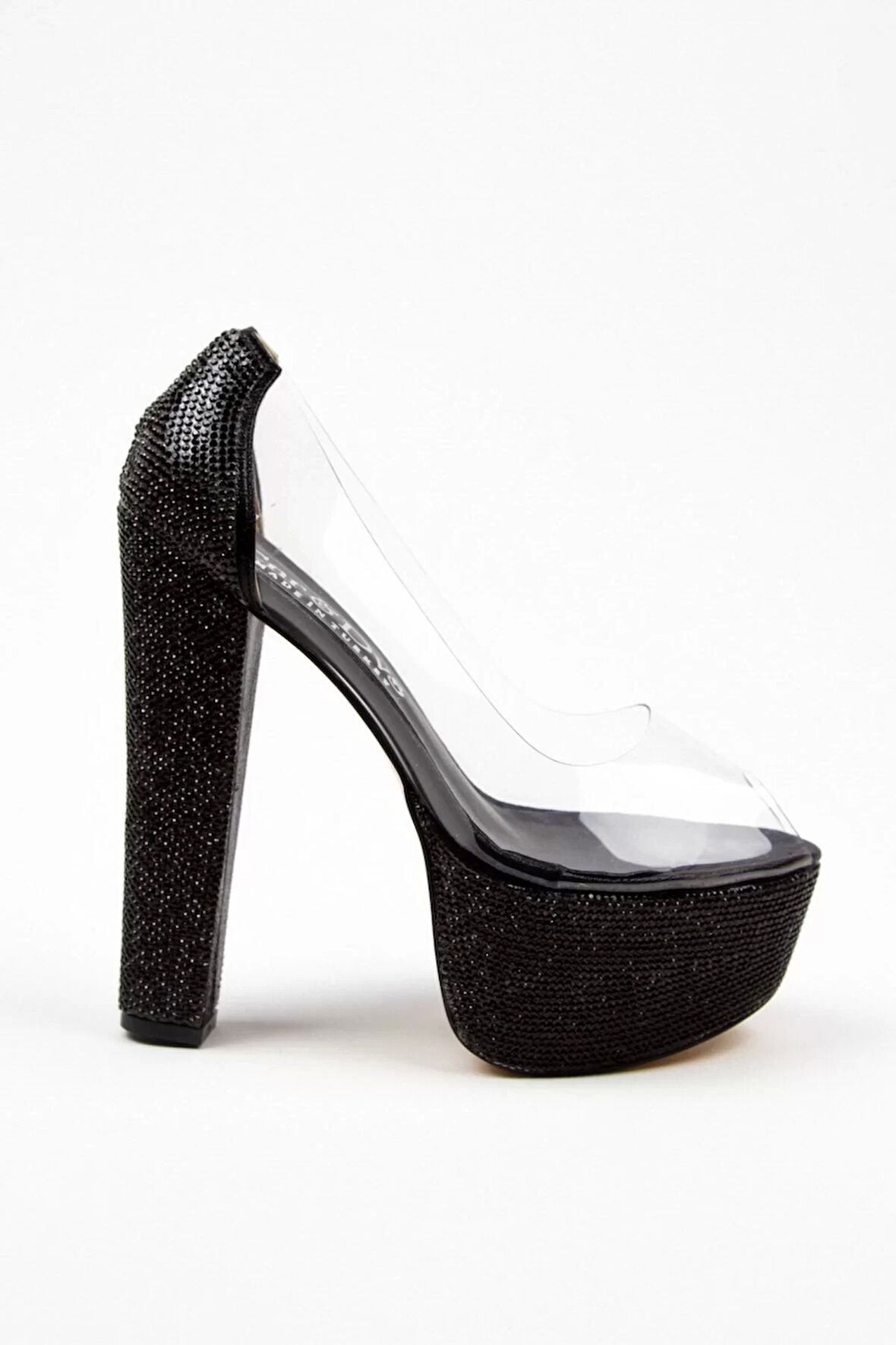 Kadın Moda Şık Siyah Şeffaf Ökçe Poli Taş Düğün Nişan Gece Abiye Ayakkabı