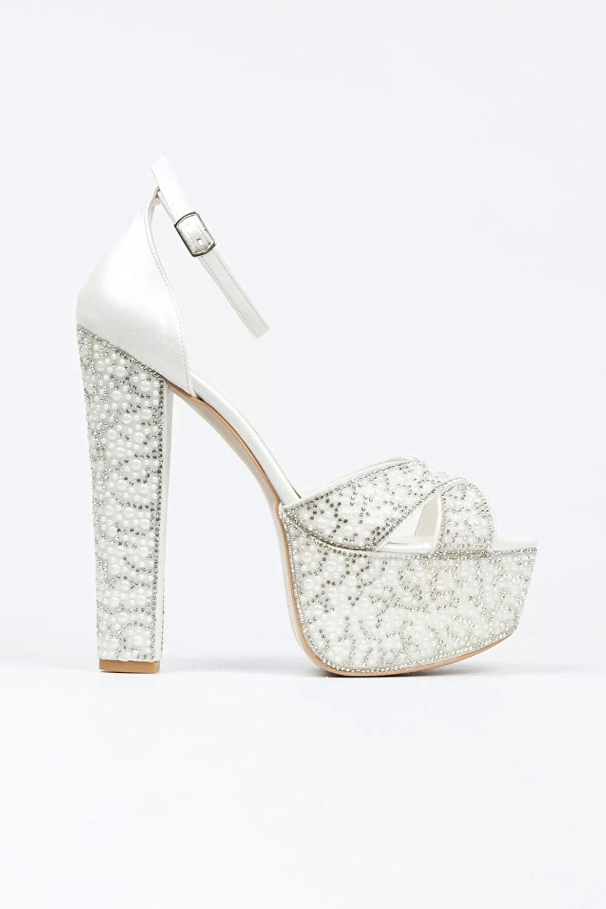 Kadın Moda Ayna Full Inci Taşlı Çapraz Klasik Topuklu Platformlu Düğün Nişan Gece Abiye Ayakkabı