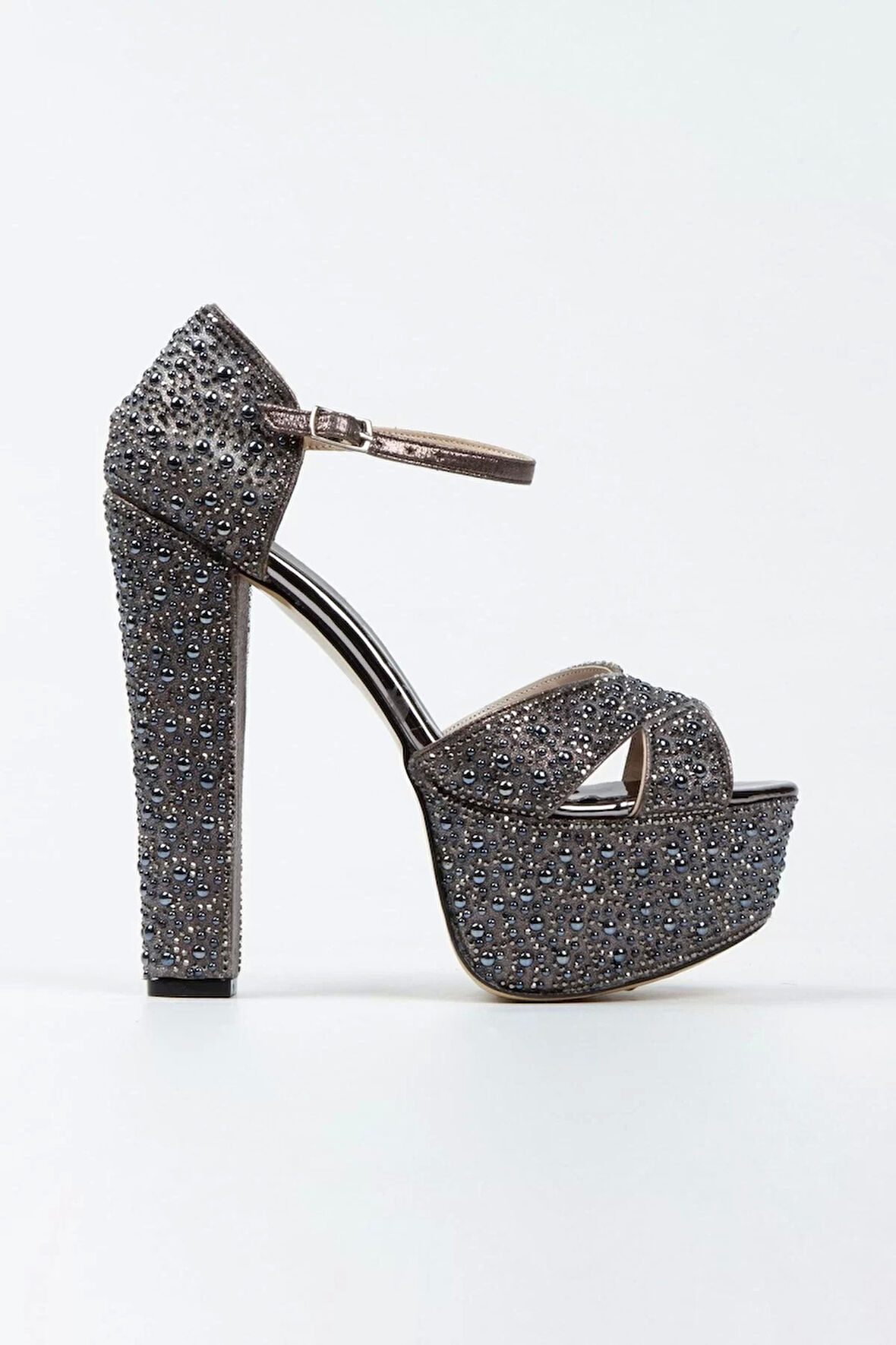 Kadın Moda Şık Sultan Inci Taşlı Çapraz Klasik Topuklu Platformlu Düğün Nişan Gece Abiye Ayakkabı