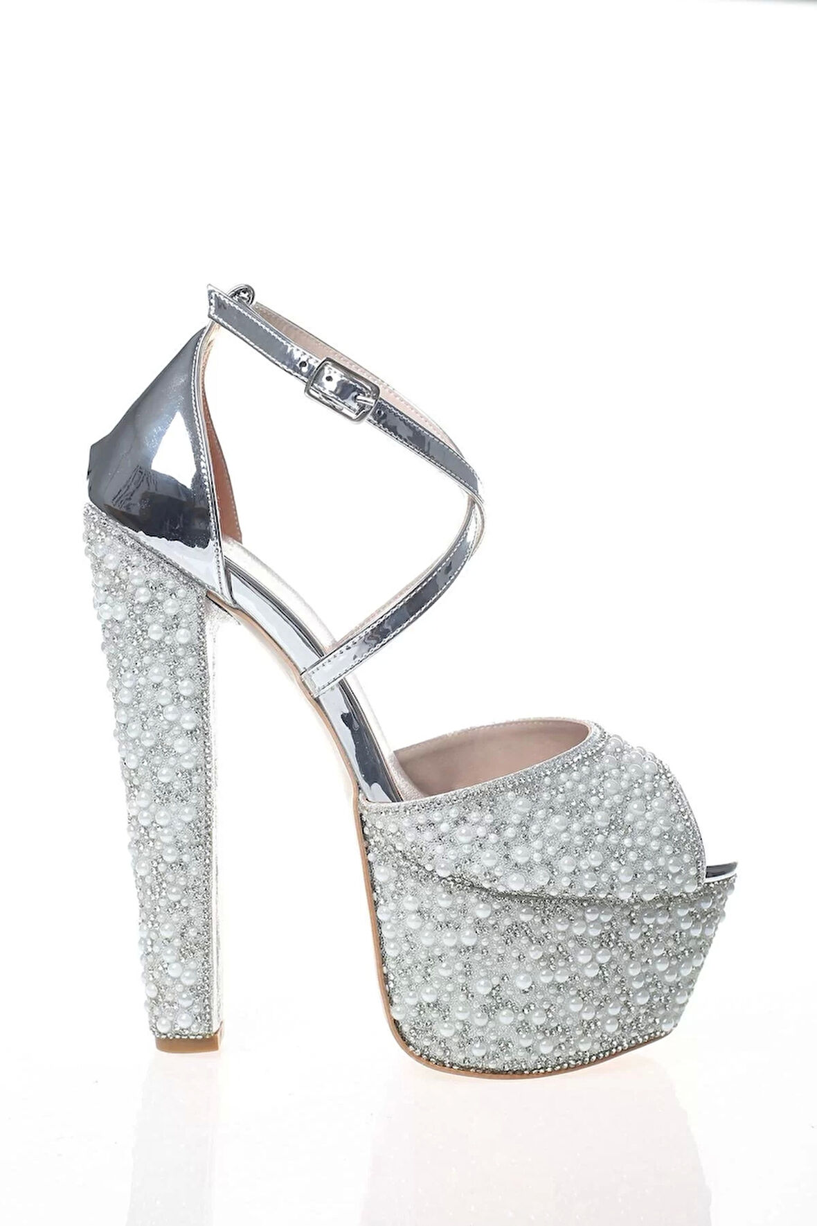 Kadın Moda Şık Gold Ayna Full Inci Taş Topuklu Düğün Nişan Gece Abiye Ayakkabı