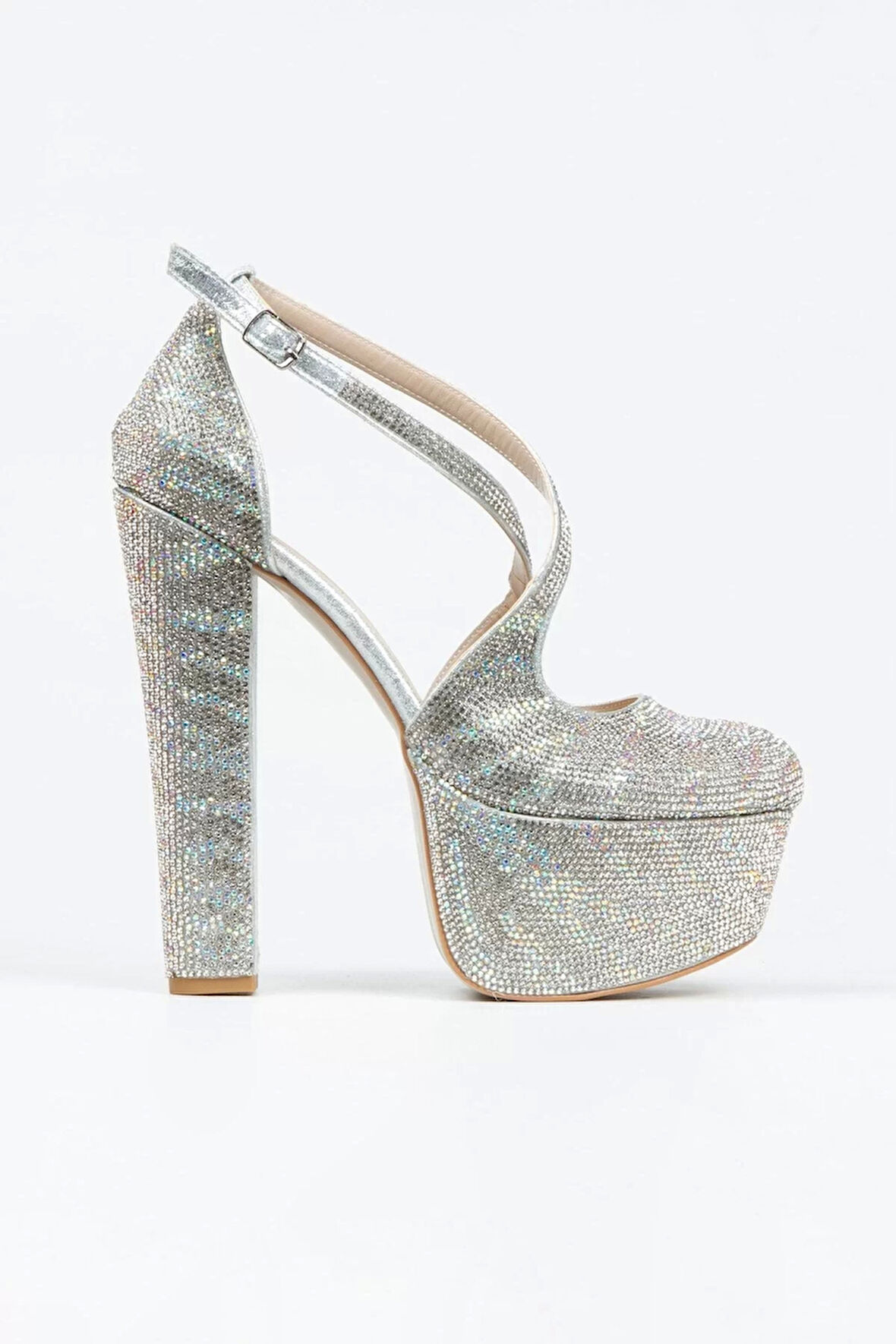 Kadın Sultan Çift Renk Taşlı Klasik Topuklu Platformlu Topuklu Düğün Nişan Gece Abiye Ayakkabı