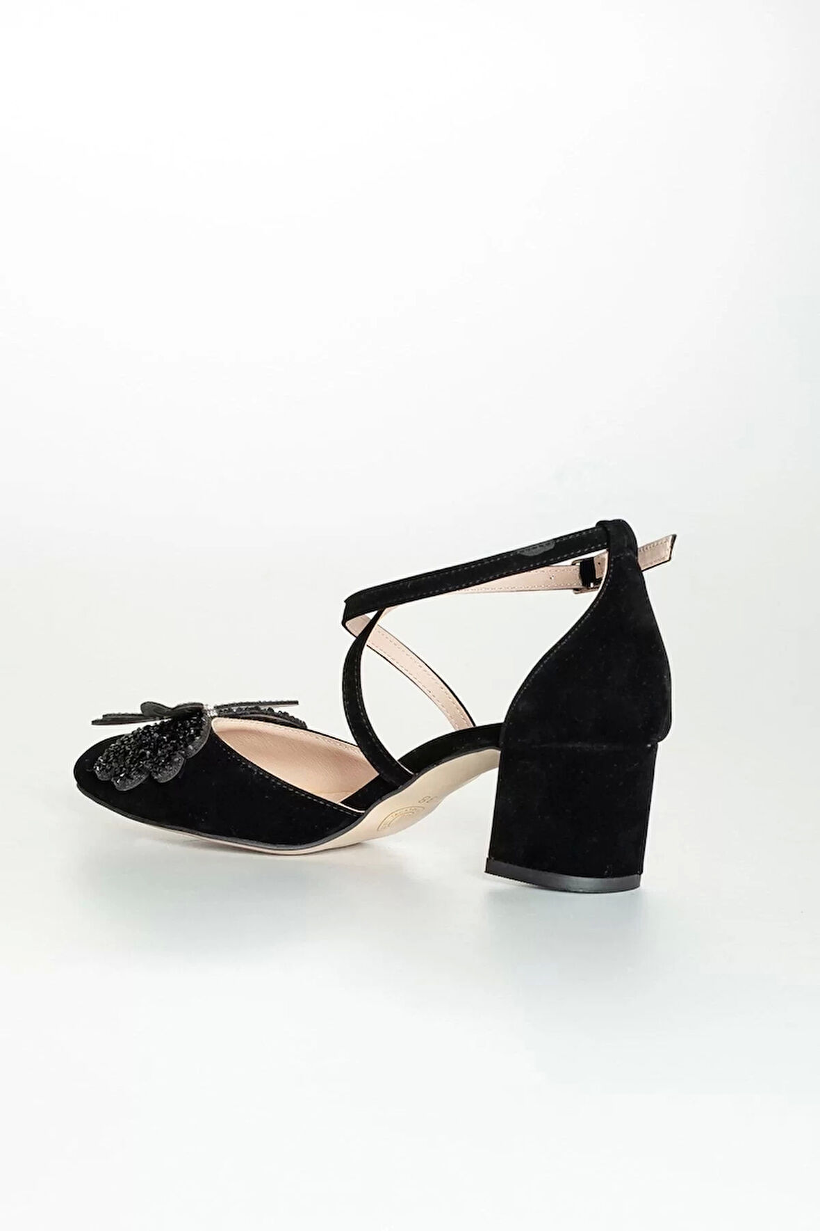 Kadın Moda Şık Siyah Süet Taşlı Topuklu Ayakkabı Zarif Tasarım Düğün Nişan Gece Abiye Ayakkabı