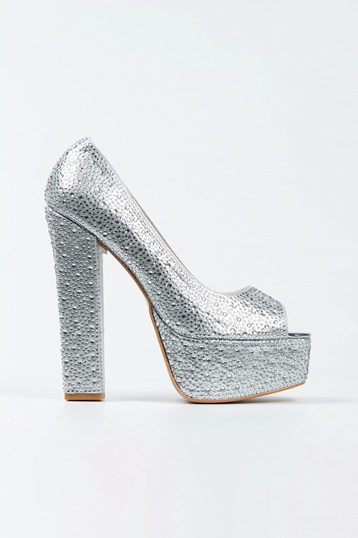 Kadın Moda Şık Gümüş Sultan Taşlı Klasik Köşe Kalıplı Kalın Düğün Nişan Gece Abiye Ayakkabı