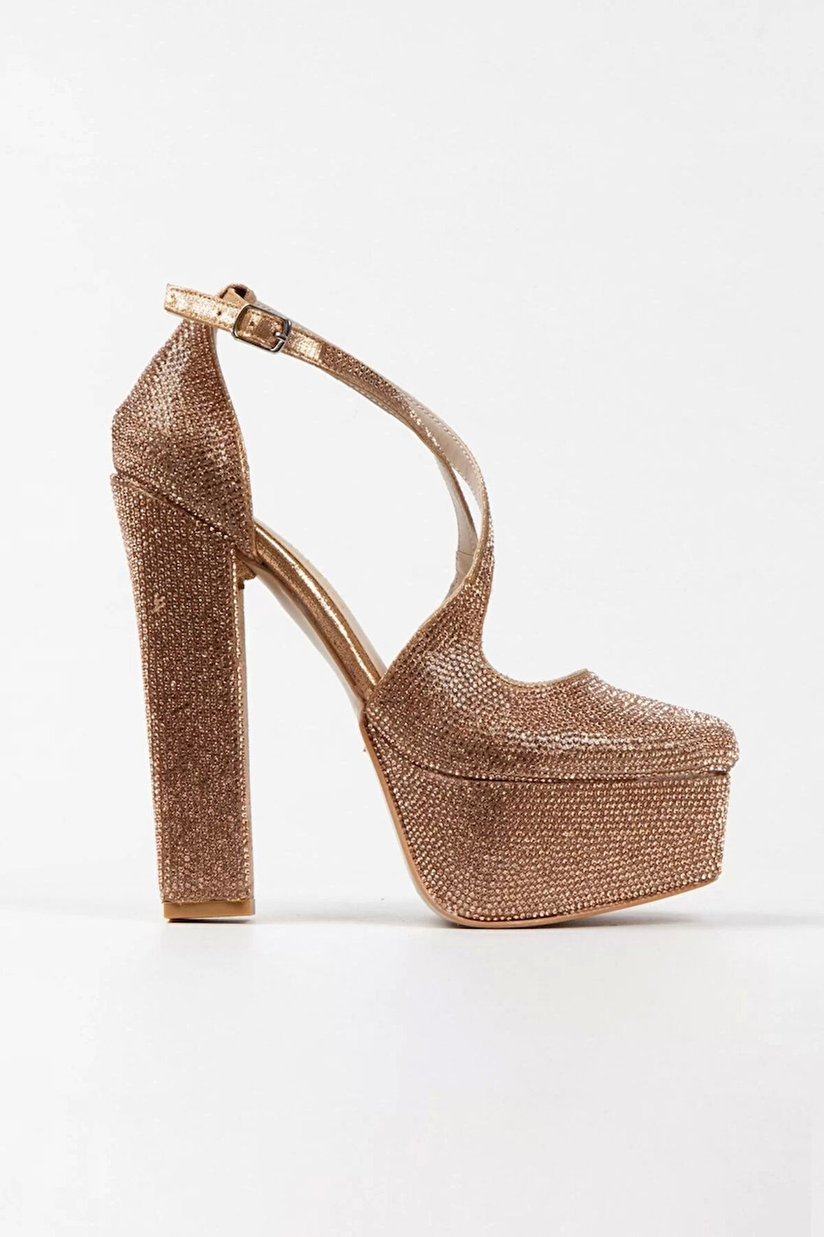 Kadın Moda Şık Gold Sultan Full Taş Klasik Köşe Kalıplı Kalın Düğün Nişan Gece Abiye Ayakkabı