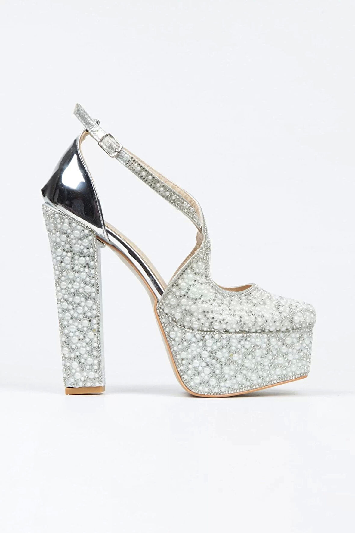 Kadın Moda Gümüş Ayna Full Inci Taşlı Klasik Köşe Kalıplı Kalın Düğün Nişan Gece Abiye Ayakkabı