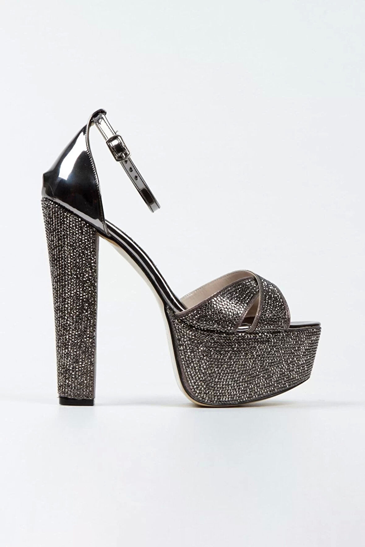 Kadın Moda Şık Platin Ayna Full Taş Klasik Köşe Kalıplı Kalın Düğün Nişan Gece Abiye Ayakkabı