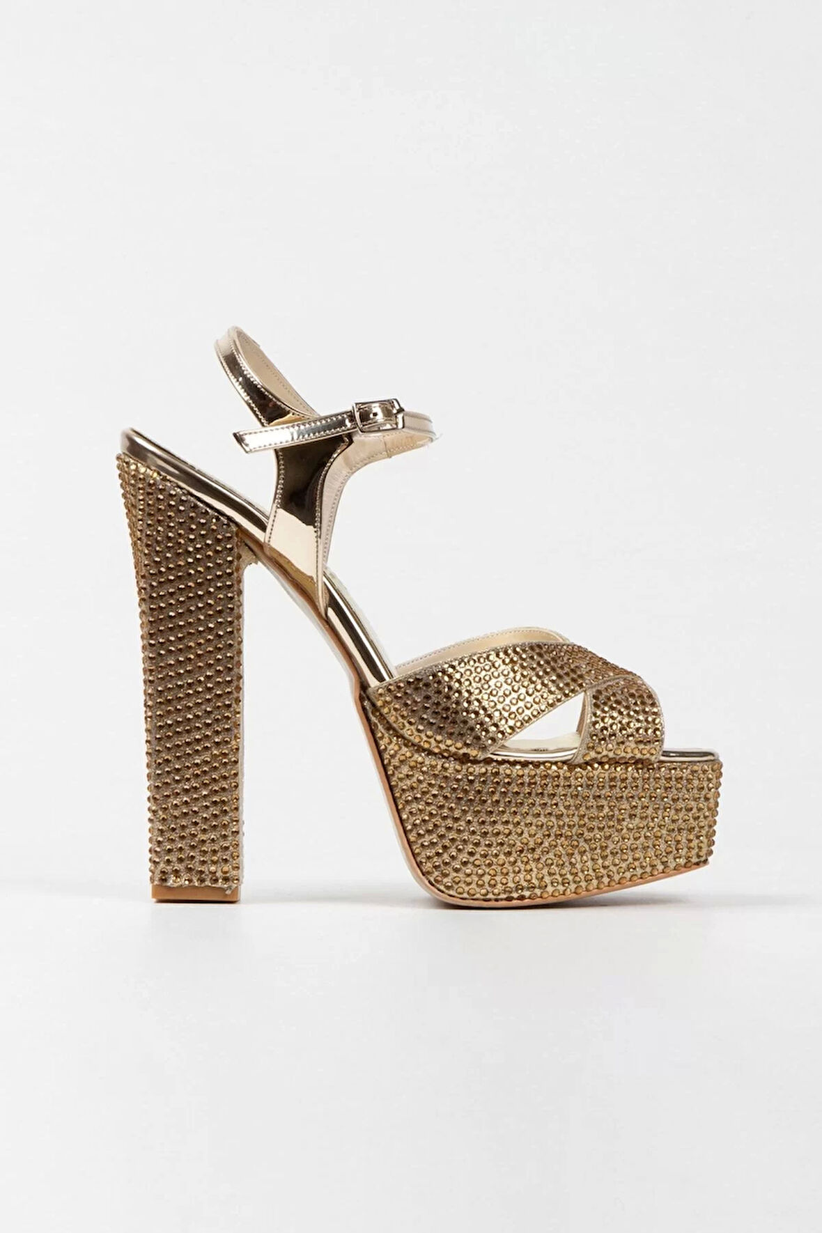 Kadın Moda Şık Gold Ayna Full Taşlı Klasik Köşe Kalıplı Kalın Düğün Nişan Gece Abiye Ayakkabı