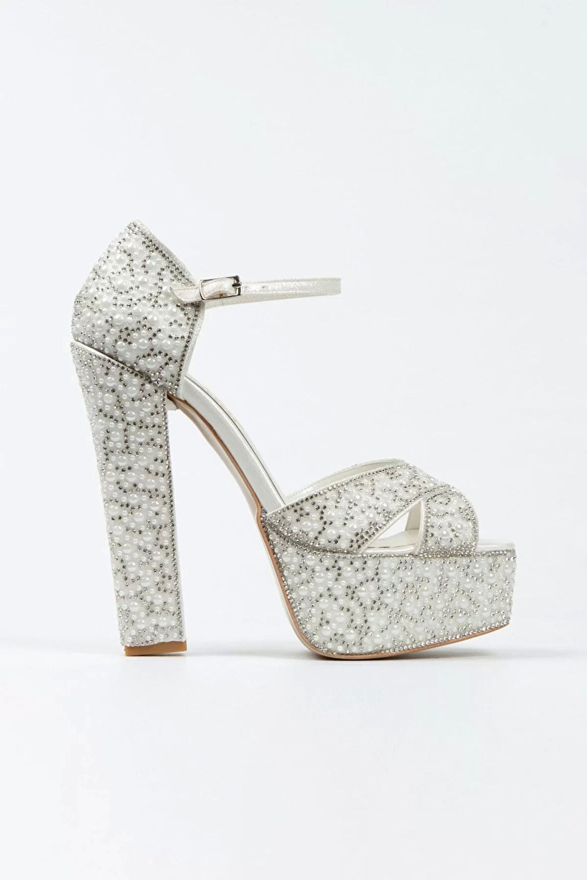 Kadın Moda Gümüş Sultan Full Inci Taşlı Klasik Köşe Kalıplı Kalın Düğün Nişan Gece Abiye Ayakkabı