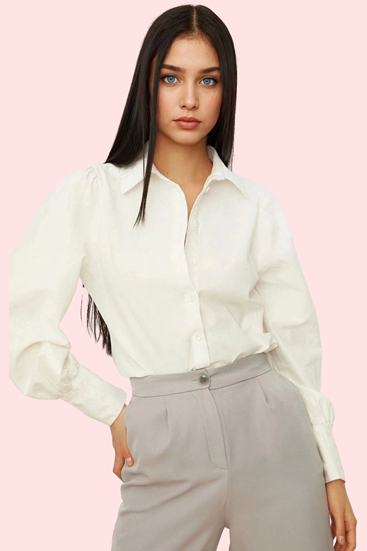 Kadın Balon Kol Gömlek Yaka Düz Desen Poplin Kumaş İş Ve Günlük Kullanım Dayanıklı Malzeme