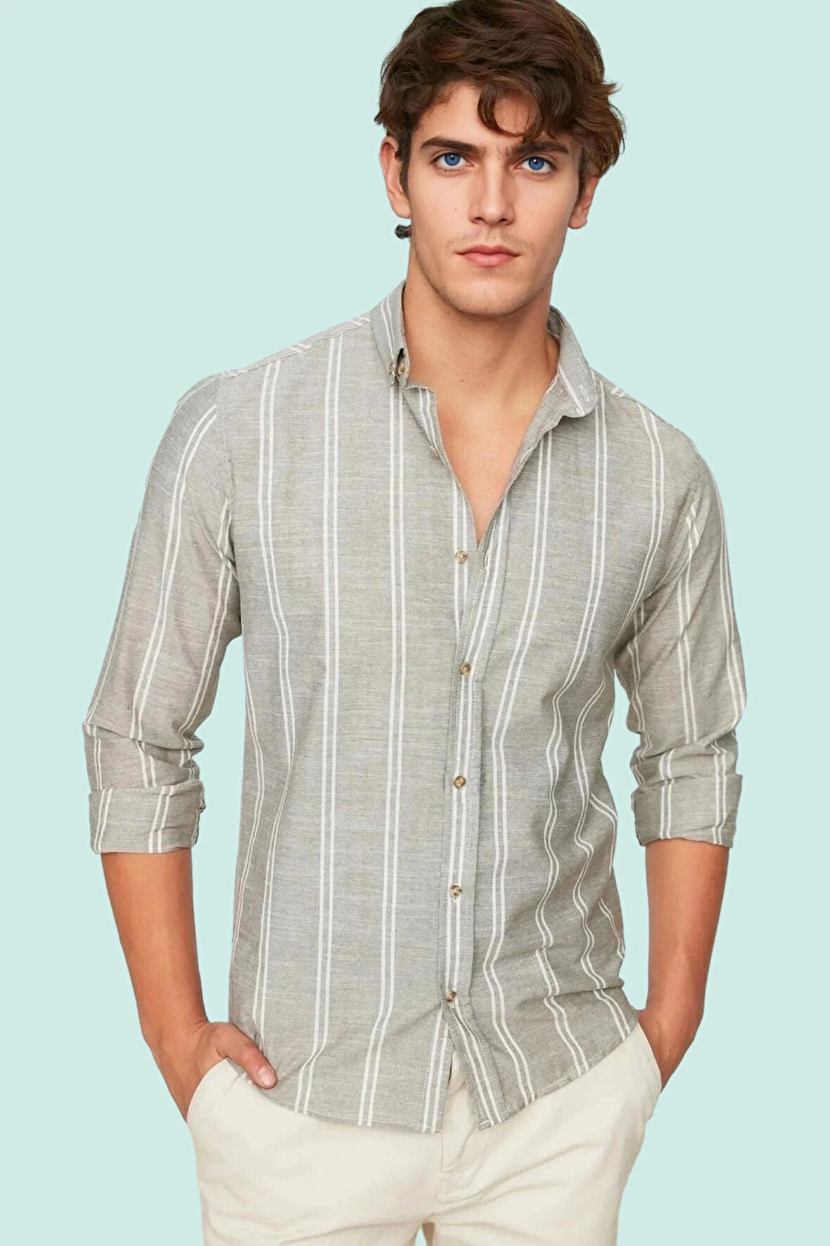 Erkek Slim Fit İnce Çizgili Gömlek Yaka Düğmeli Uzun Kollu Günlük Yaz Aylarının Vazgeçilmezi