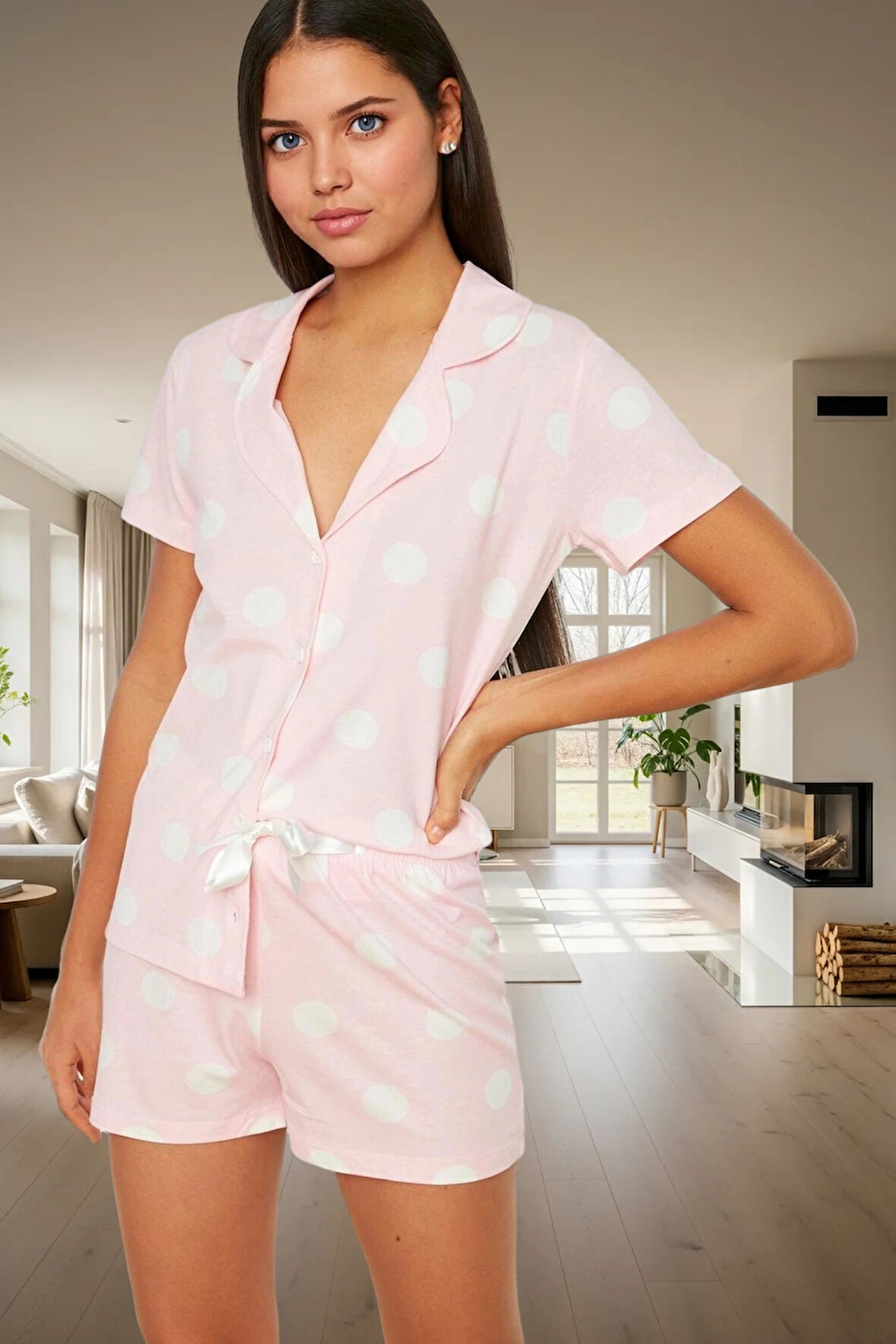 Kadın Puantiyeli Pamuklu Kısa Kollu Pijama Takımı Rahat Yazlık Ev Giyim Konforlu Kesim Profesyonel Görünüm