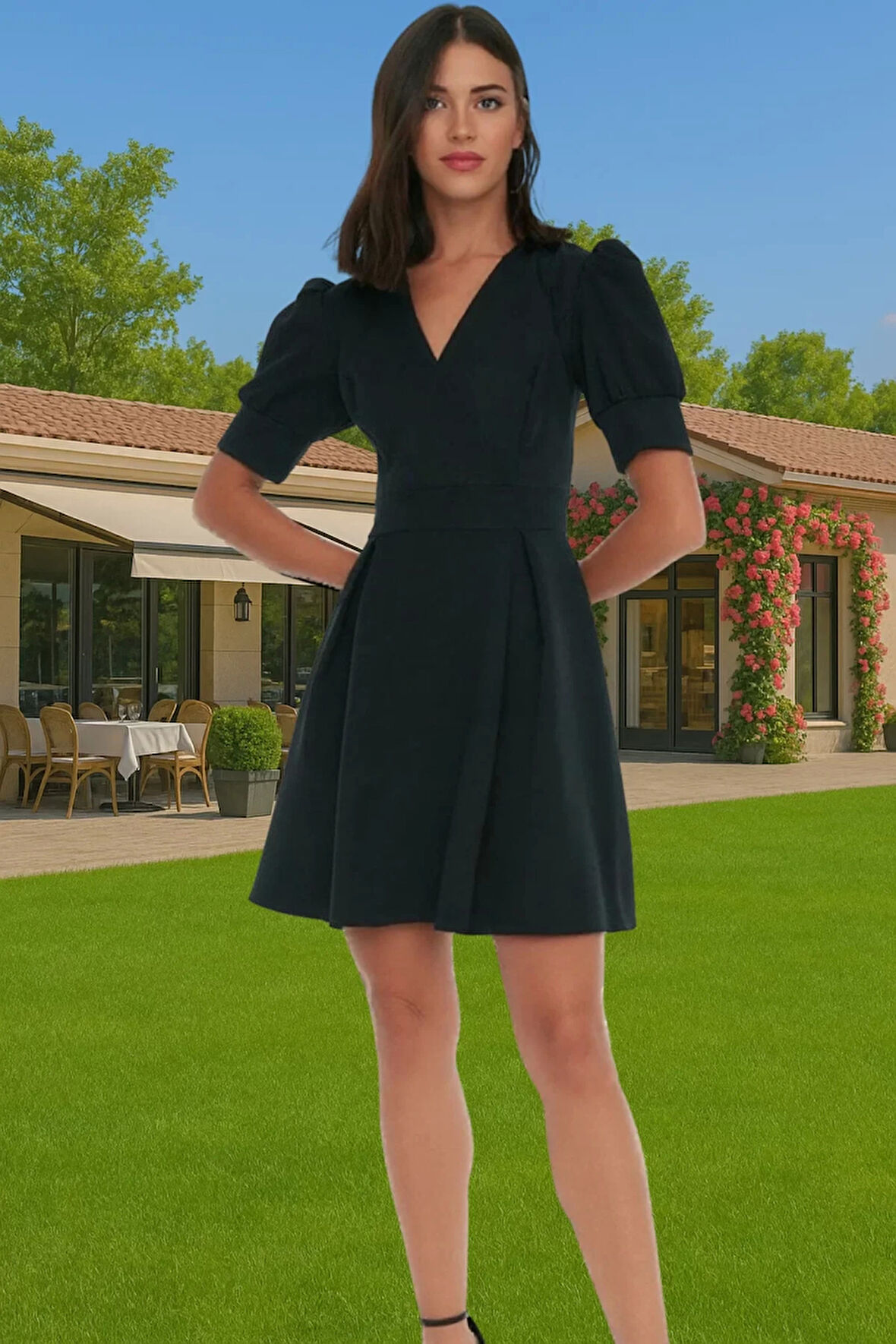 Kadın Mini Elbise Belden Açılan Pili Detaylı Polyester Yazlık Rahat Ve Şık Profesyonel Görünüm