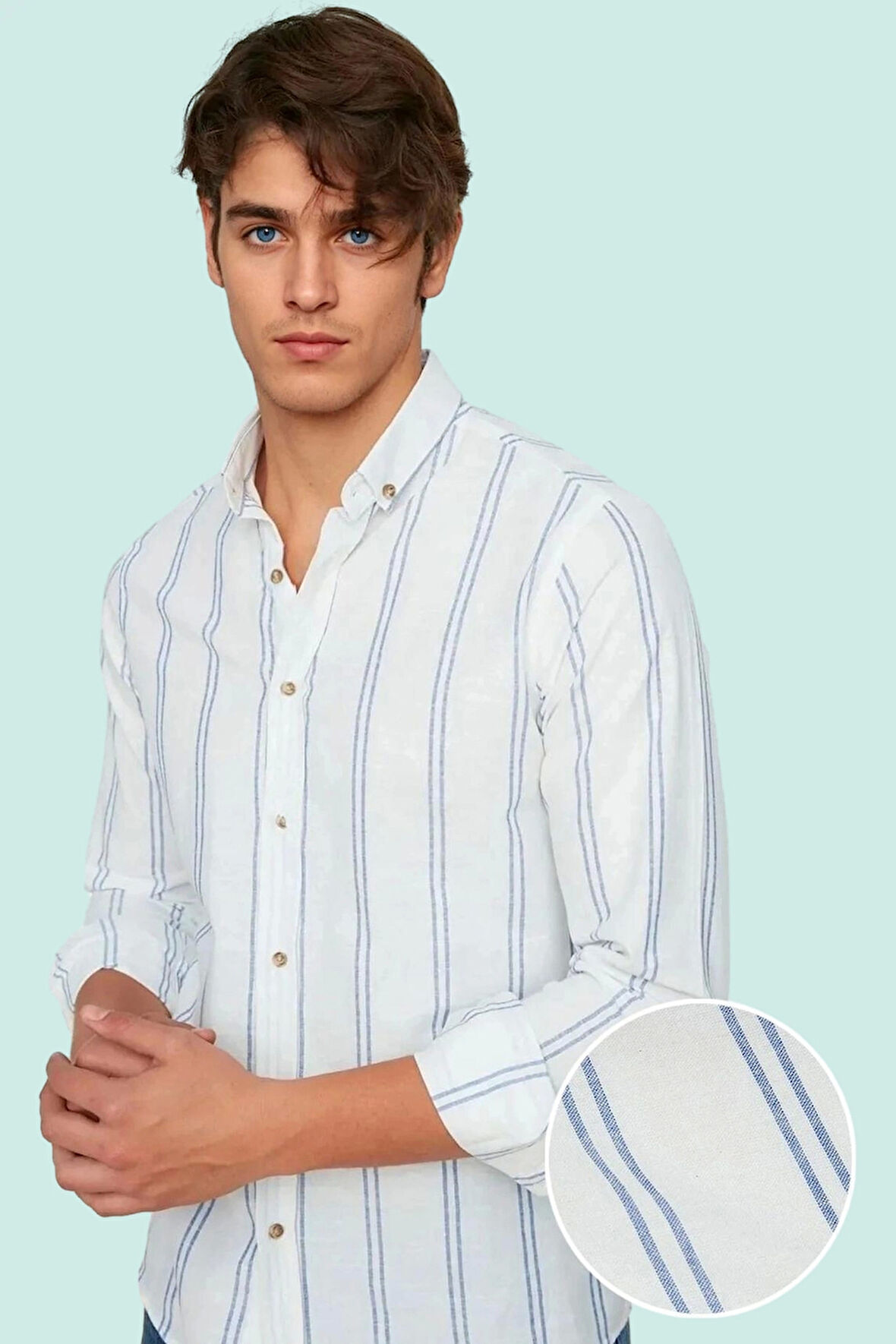 Erkek Slim Fit İnce Çizgili Gömlek Yaka Düğmeli Uzun Kollu Günlük Yaz Aylarının Vazgeçilmezi