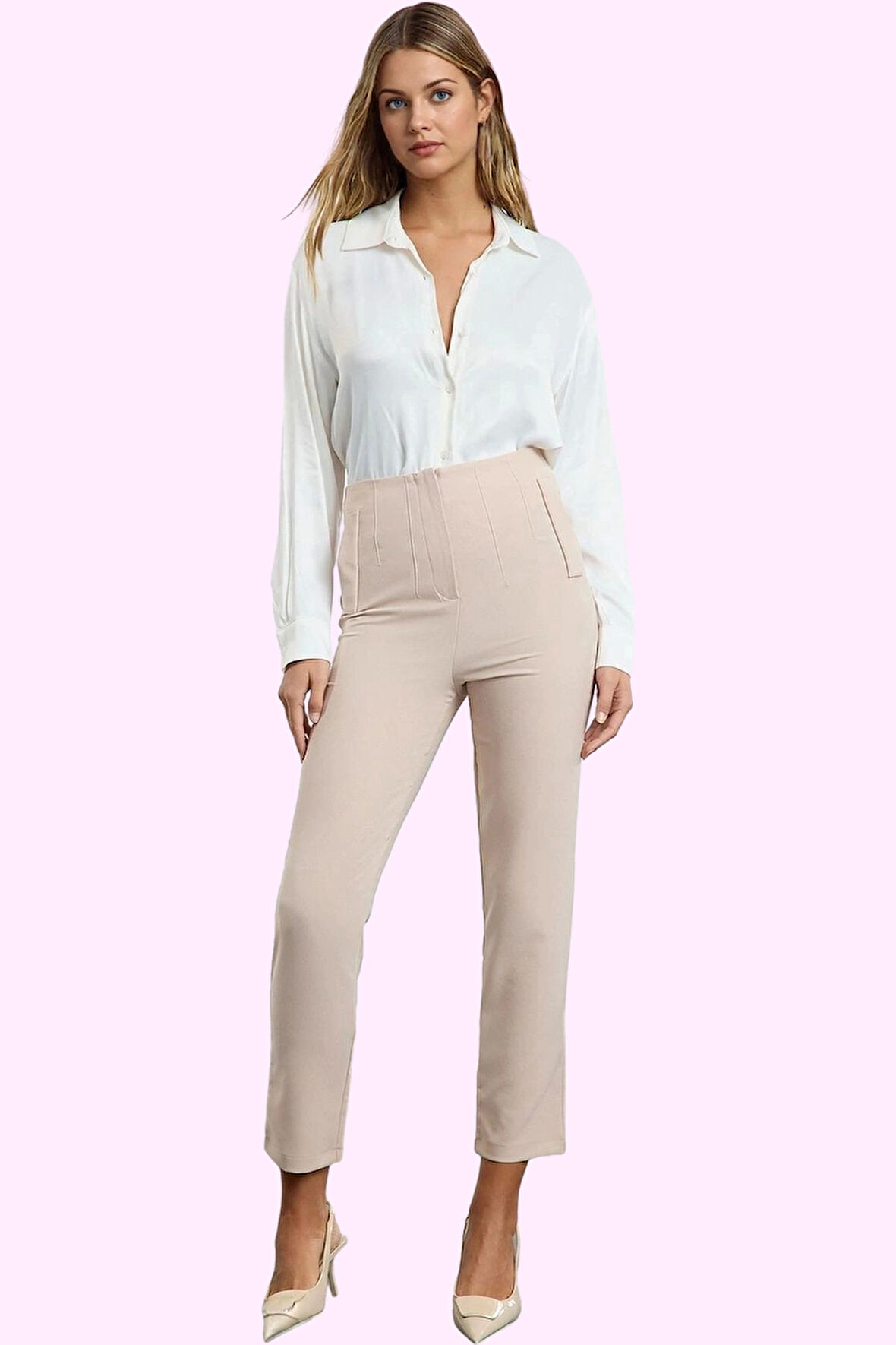 Kadın Yüksek Bel Cigarette Kalıp Dokuma Pantolon Finike Günlük Kullanım Yaz Aylarının Vazgeçilmezi