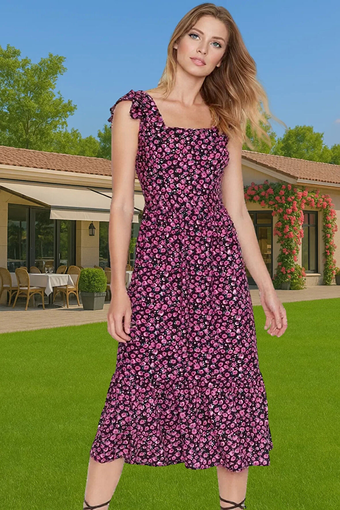 Çiçek Desenli A Kesim Midi Viskoz Elbise Büzgülü Kolsuz Yazlık Dayanıklı Malzeme Profesyonel Görünüm