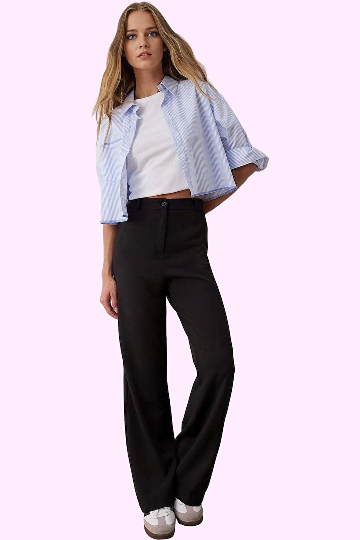 Kadın Geniş Paça Flare Pantolon Yüksek Bel Dokuma Kumaş İş Ve Günlük Yaz Aylarının Vazgeçilmezi