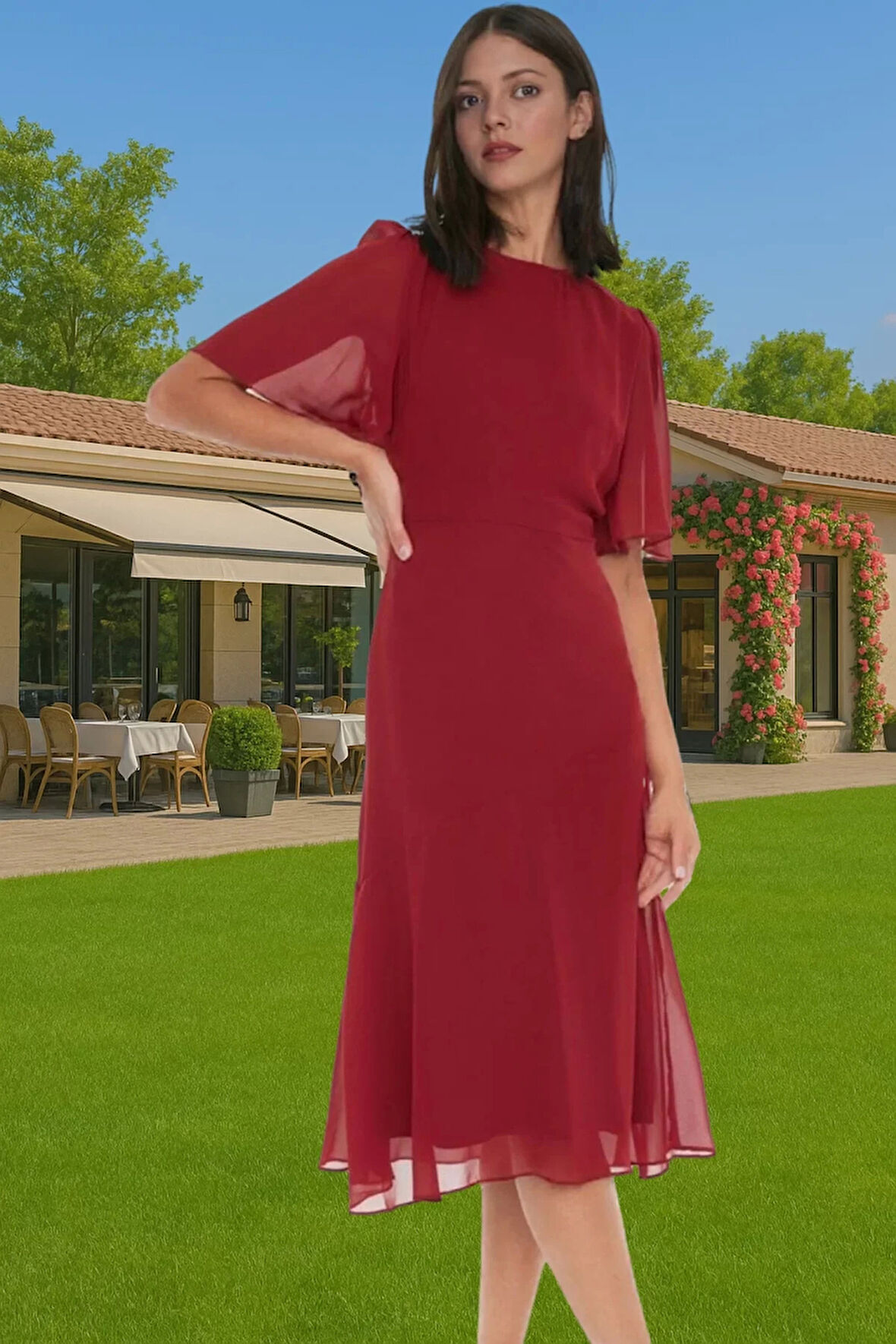 Şifon A Kesim Midi Elbise Astarlı Kısa Melek Kol Yazlık Günlük Kullanım İçin Kaliteli İşçilik