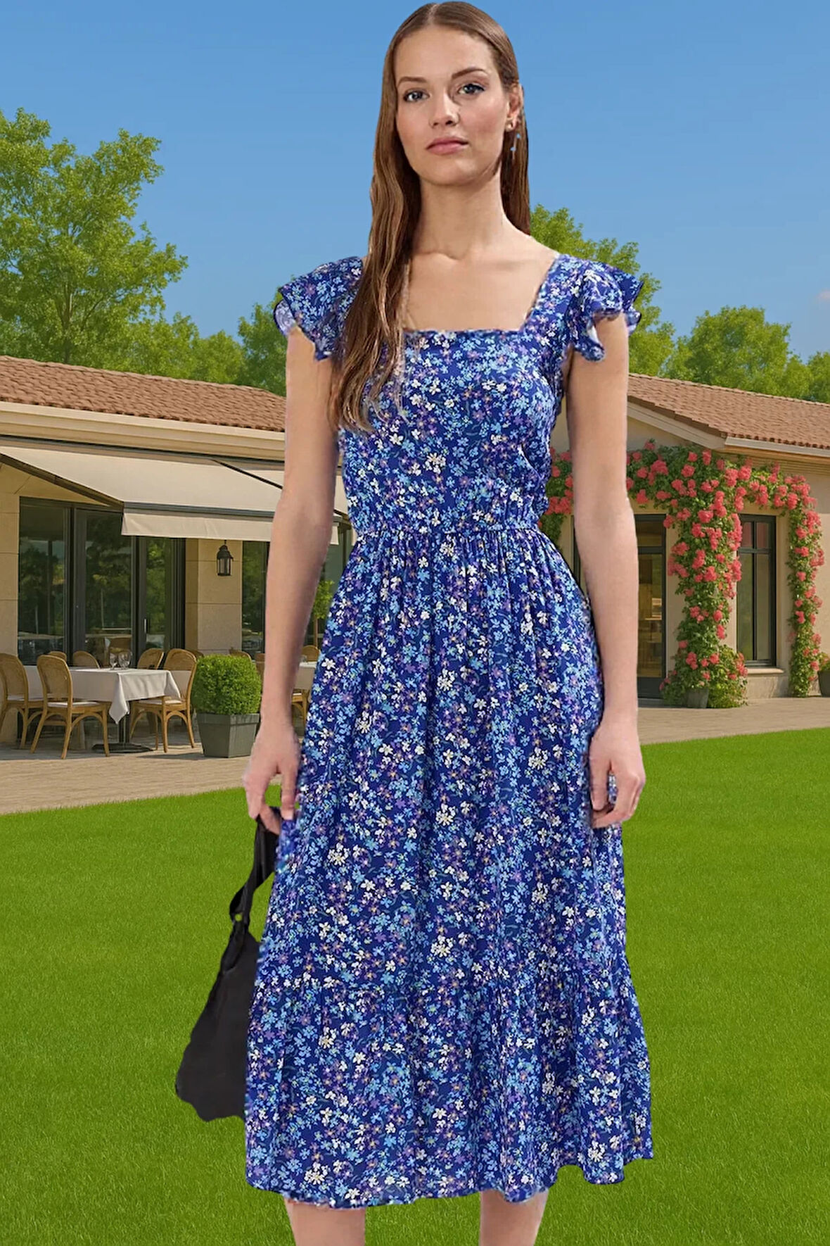 Çiçek Desenli A Kesim Midi Viskoz Elbise Büzgülü Kolsuz Yazlık Dayanıklı Malzeme Profesyonel Görünüm